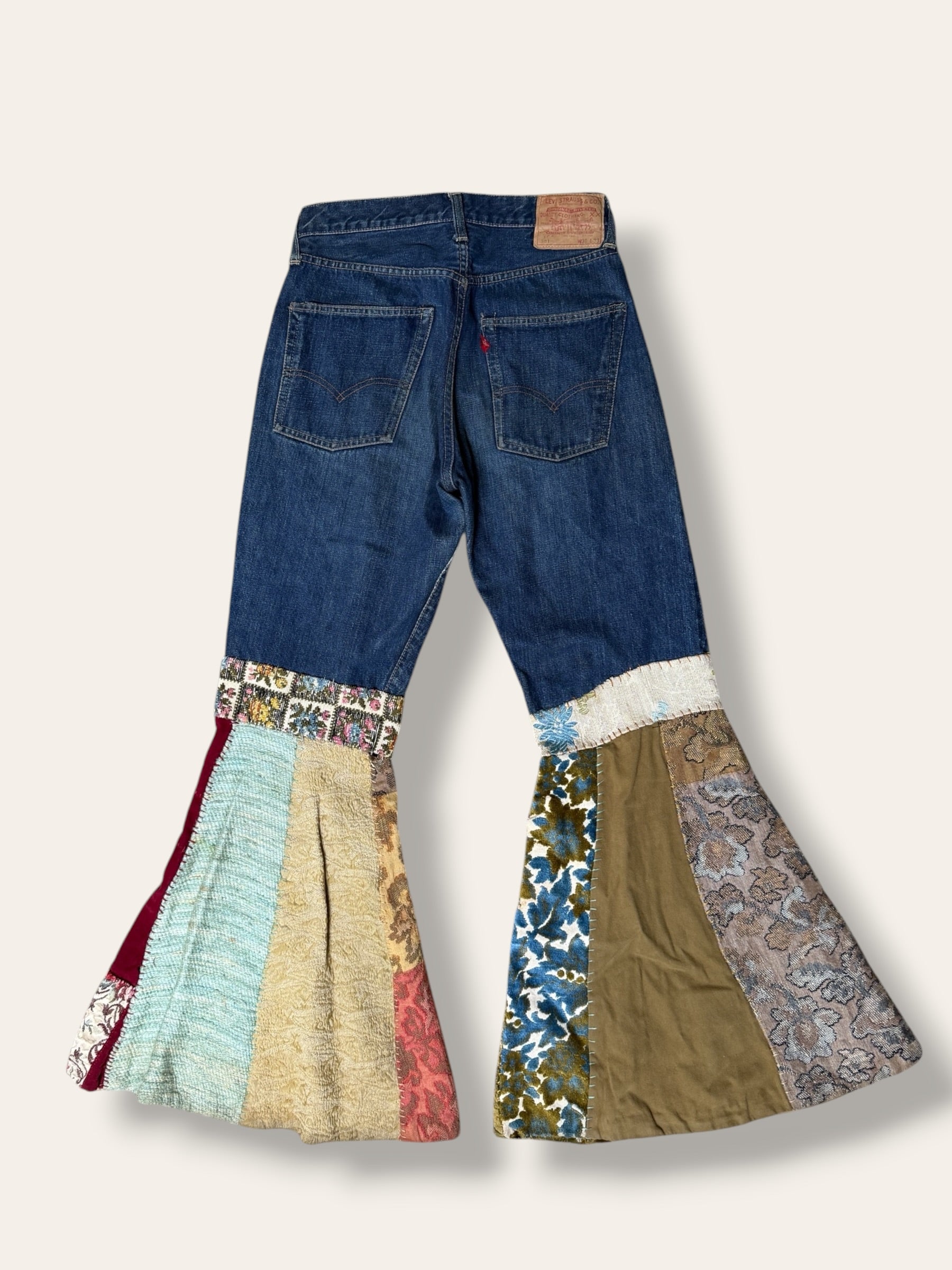 Vintage 1960s Levi’s 501s Big E Hippie Patchwork Denim Jeans | Bell Bottom Folk Art Custom Denim Pants W:26