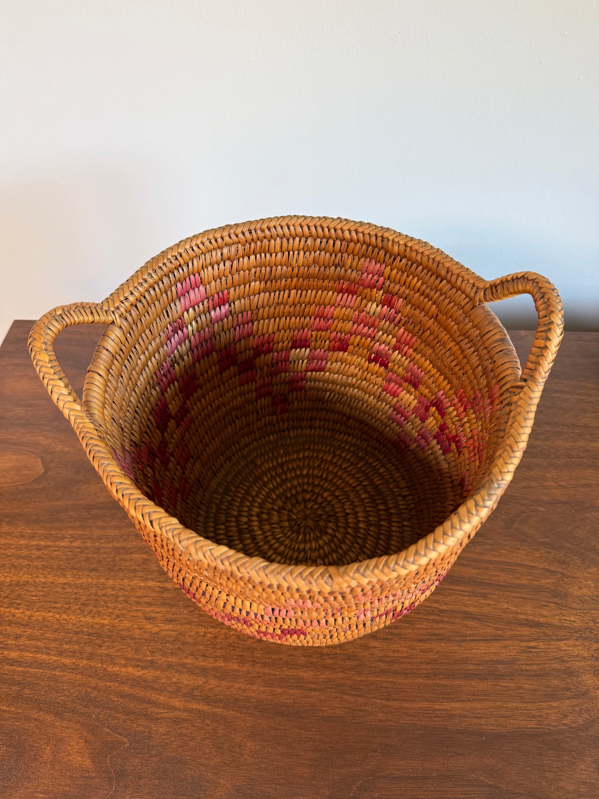 Vintage Jicarilla Apache Coil Handmade Basket With Handles | Native American Pattern Basket