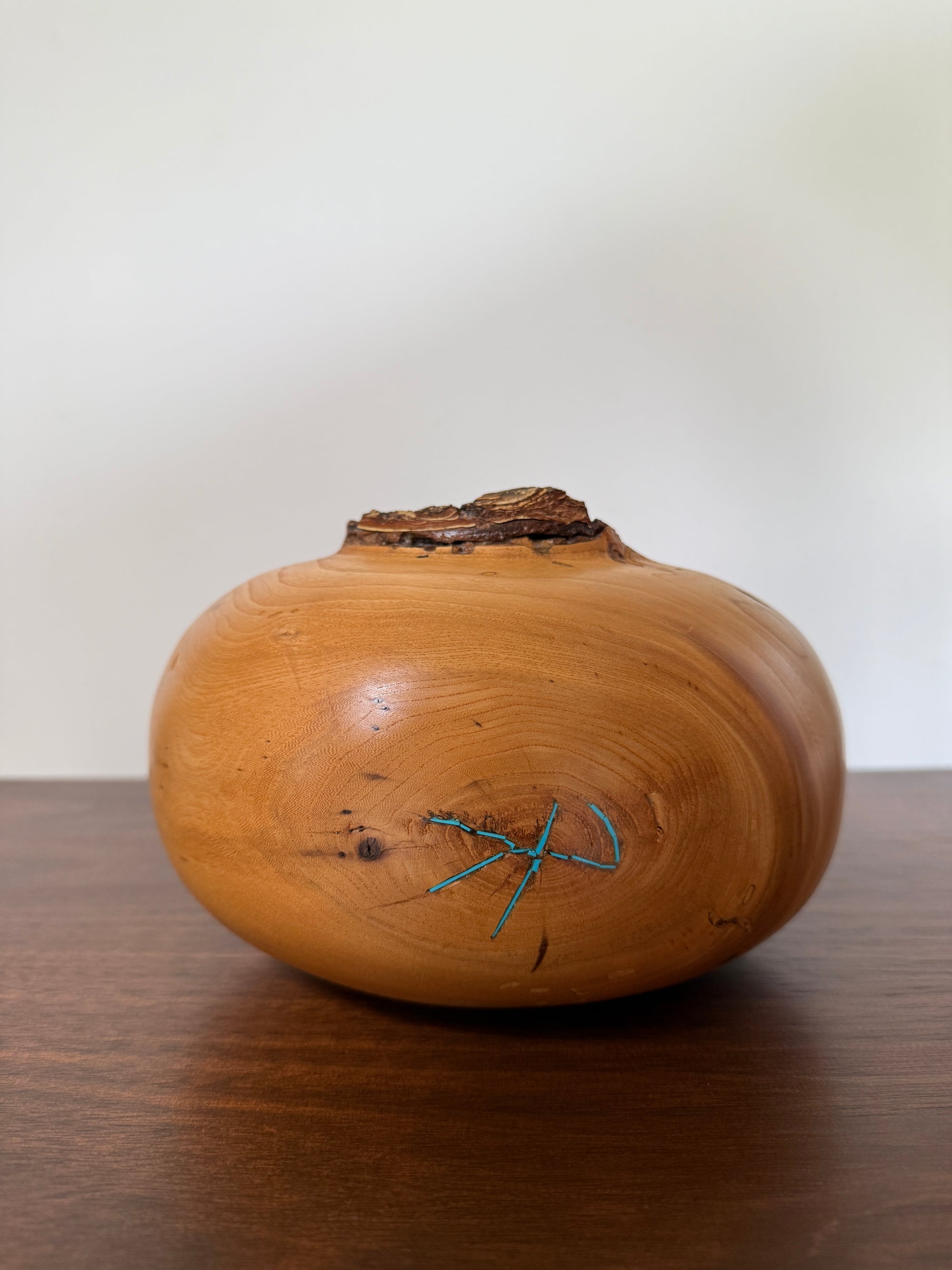 Vintage Signed Hand Turned Elm Fork Turquoise Inlay Burl Wood Bowl | Live Edge Natural Art Turned Vessel