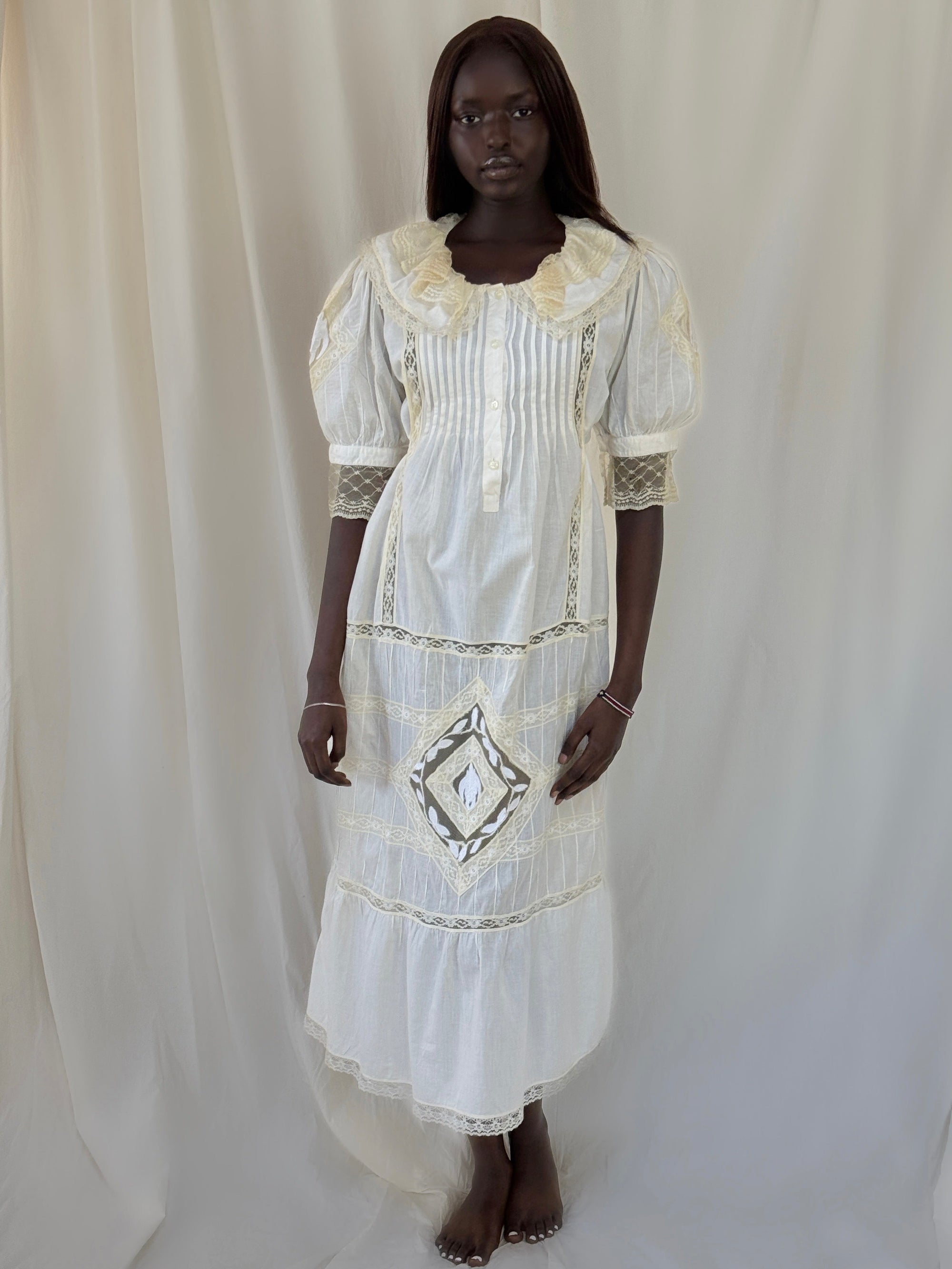 Antique 1900s Nightgown | Edwardian Lace Cotton Dress