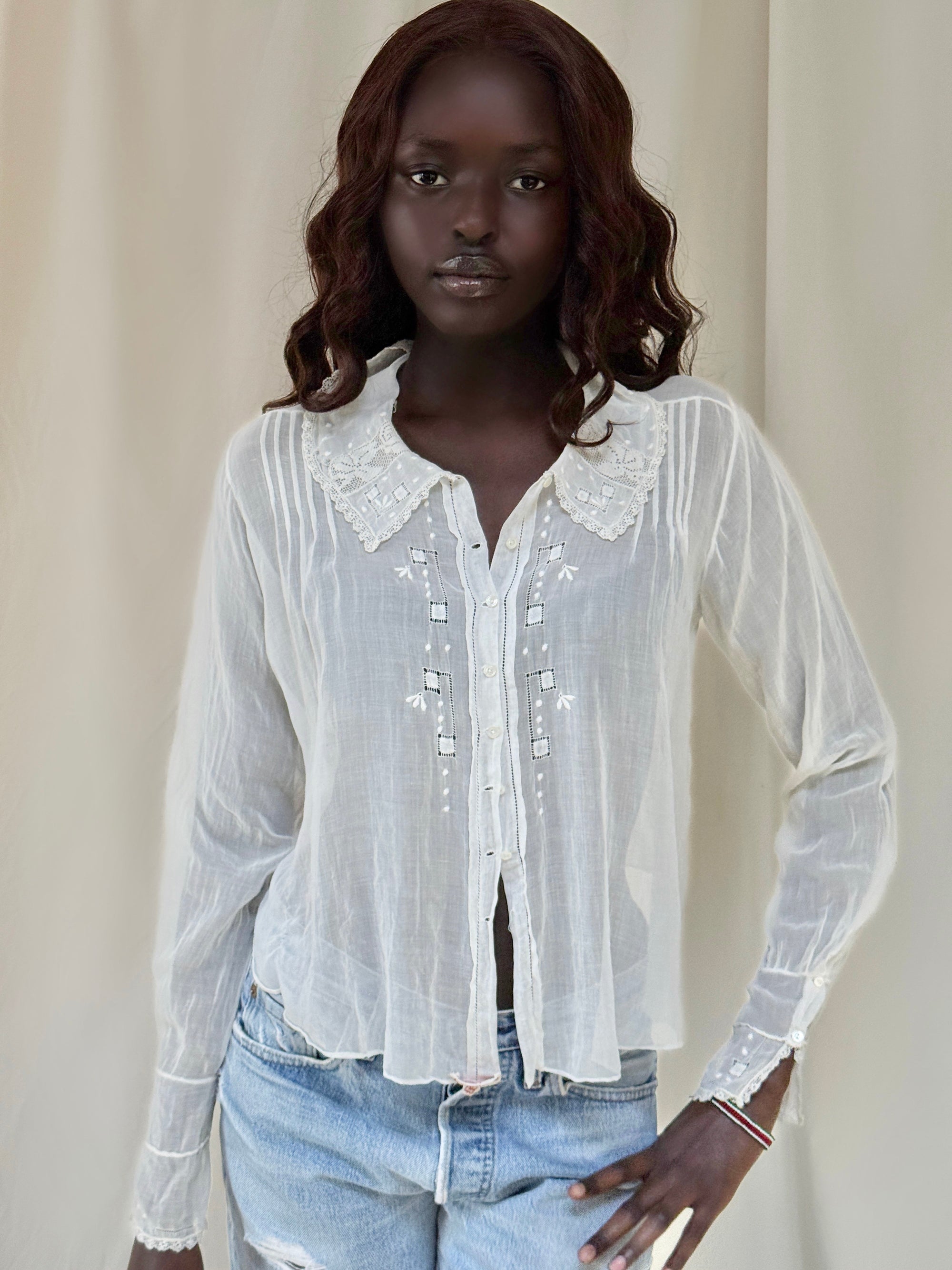 Antique 1900s Edwardian White Blouse | Antique Sheer Cotton Top with Embroidered Collar