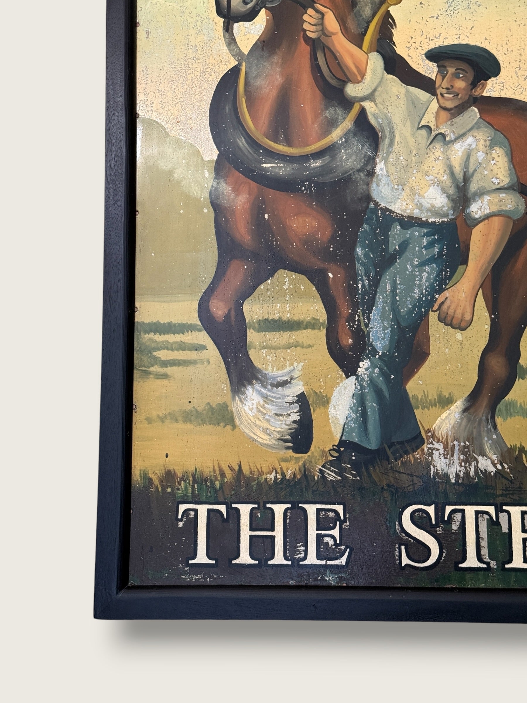 Vintage English MCM Pub Sign "The Steamer" | Mid Century Horse &amp; Cart Tavern Wall Art | Framed British Bar Hand Painted Art