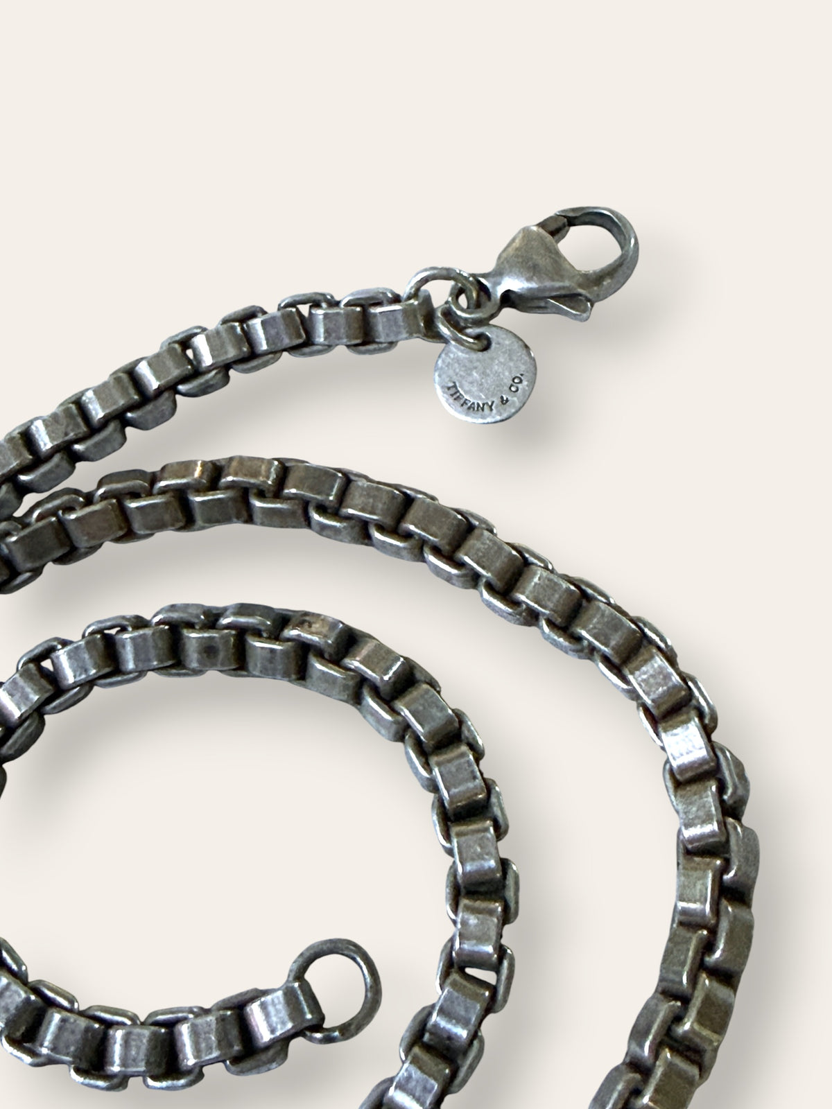 Vintage Tiffany &amp; Co. Sterling Silver Venetian Box Chain Necklace | Classic Round Tag | 17” Chunky Silver