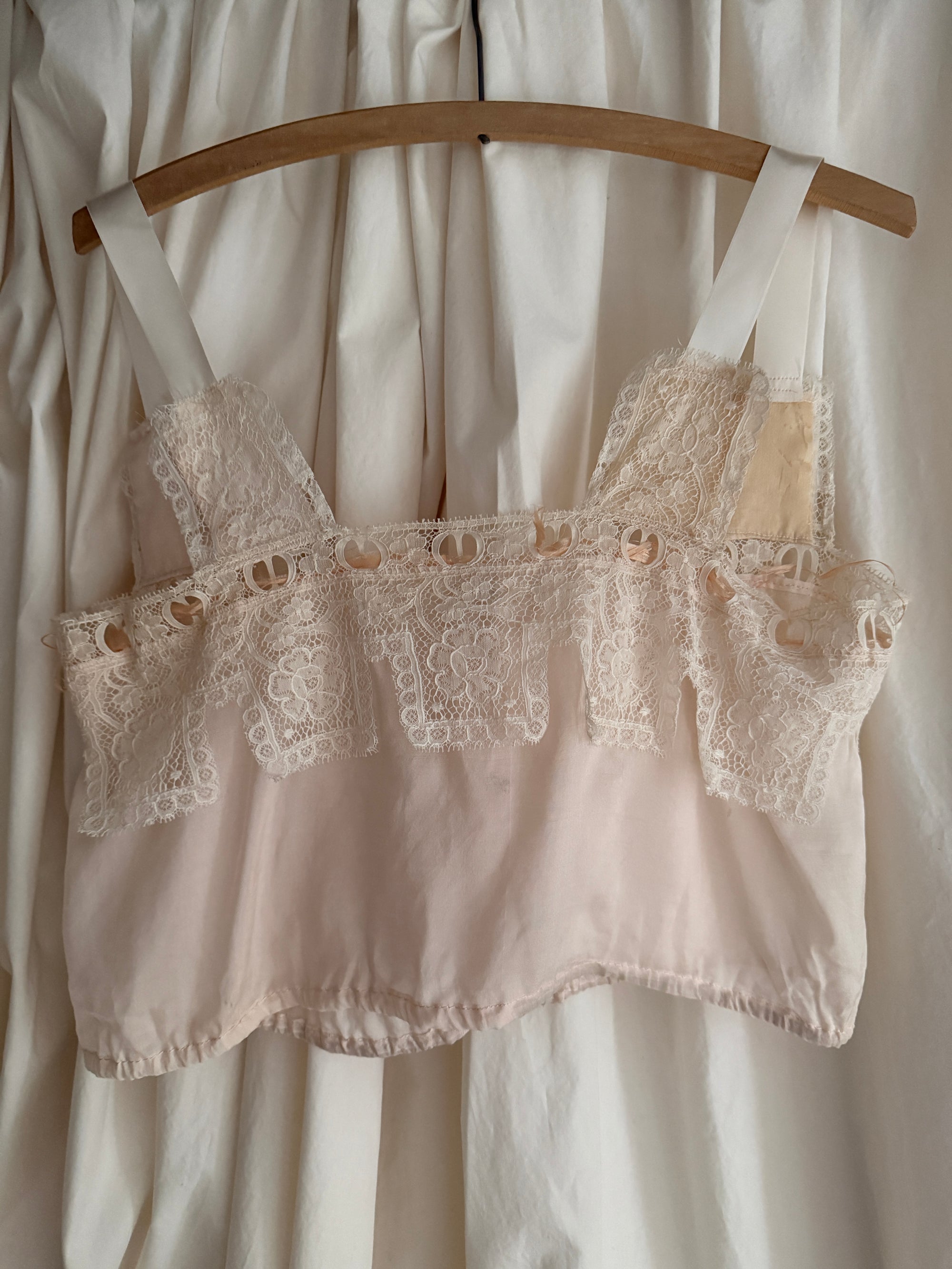 Vintage 1900s Silk &amp; Lace Camisole Top | Edwardian Ivory Lace Bustier Crop | Antique Lingerie Blouse