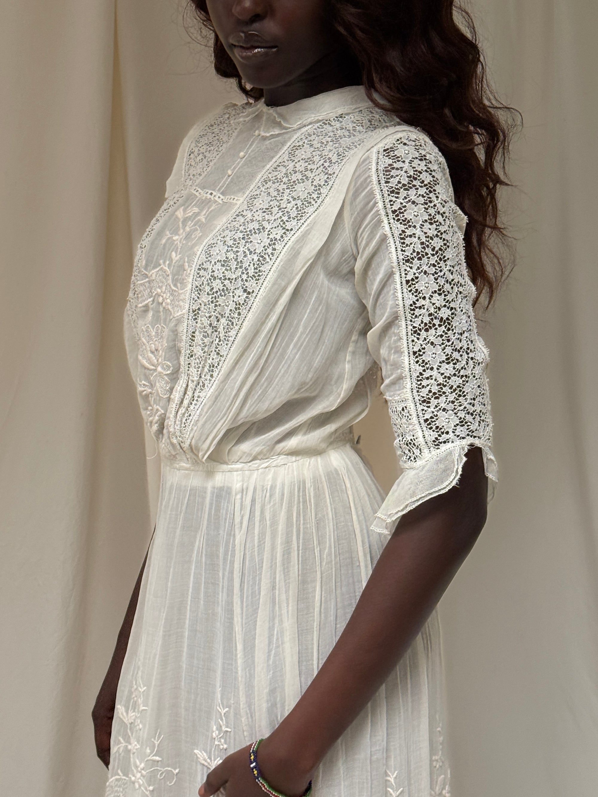 Antique 1900s Edwardian White Lace &amp; Embroidered Cotton Lawn Dress  | Handcrafted Heirloom Bridal Gown