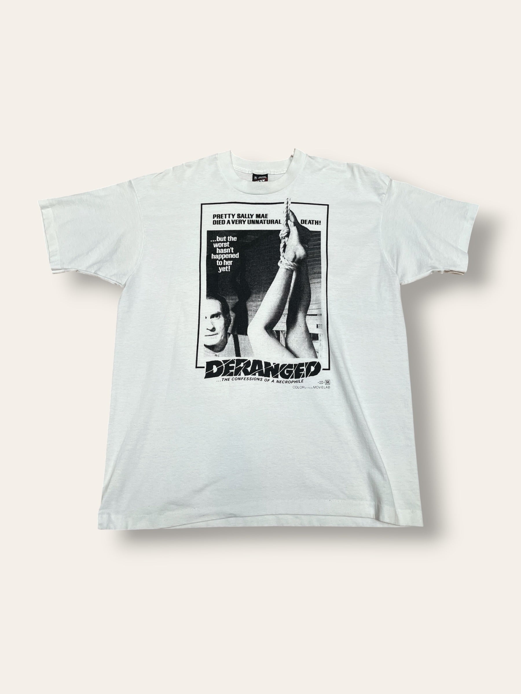 Vintage 1980s Deranged: The Confessions of a Necrophile | 1974 Grindhouse Horror Movie Promo T-Shirt.