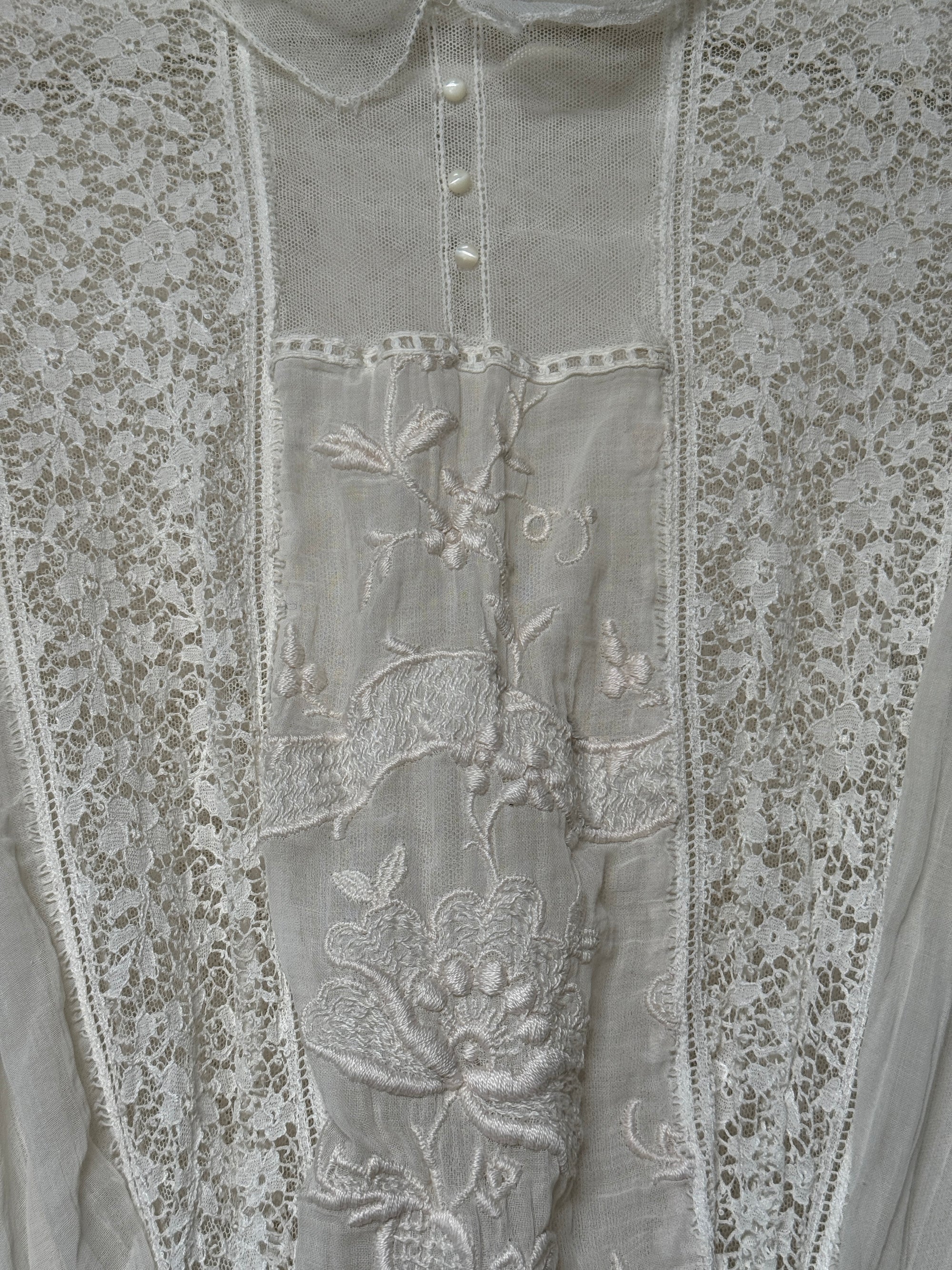 Antique 1900s Edwardian White Lace &amp; Embroidered Cotton Lawn Dress  | Handcrafted Heirloom Bridal Gown