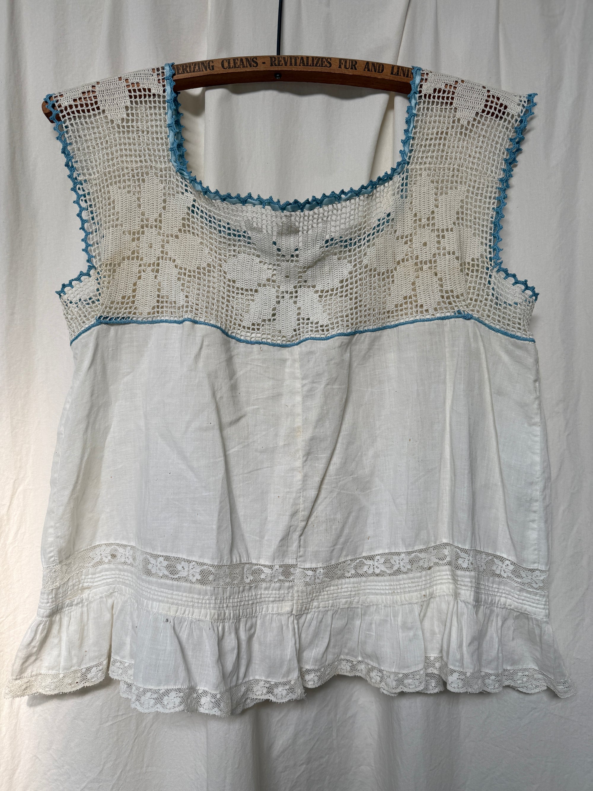 Vintage Edwardian Crochet Lace Blouse | White Cotton Ruffle Top with Blue Ribbon | Antique Romantic Cottagecore Boho