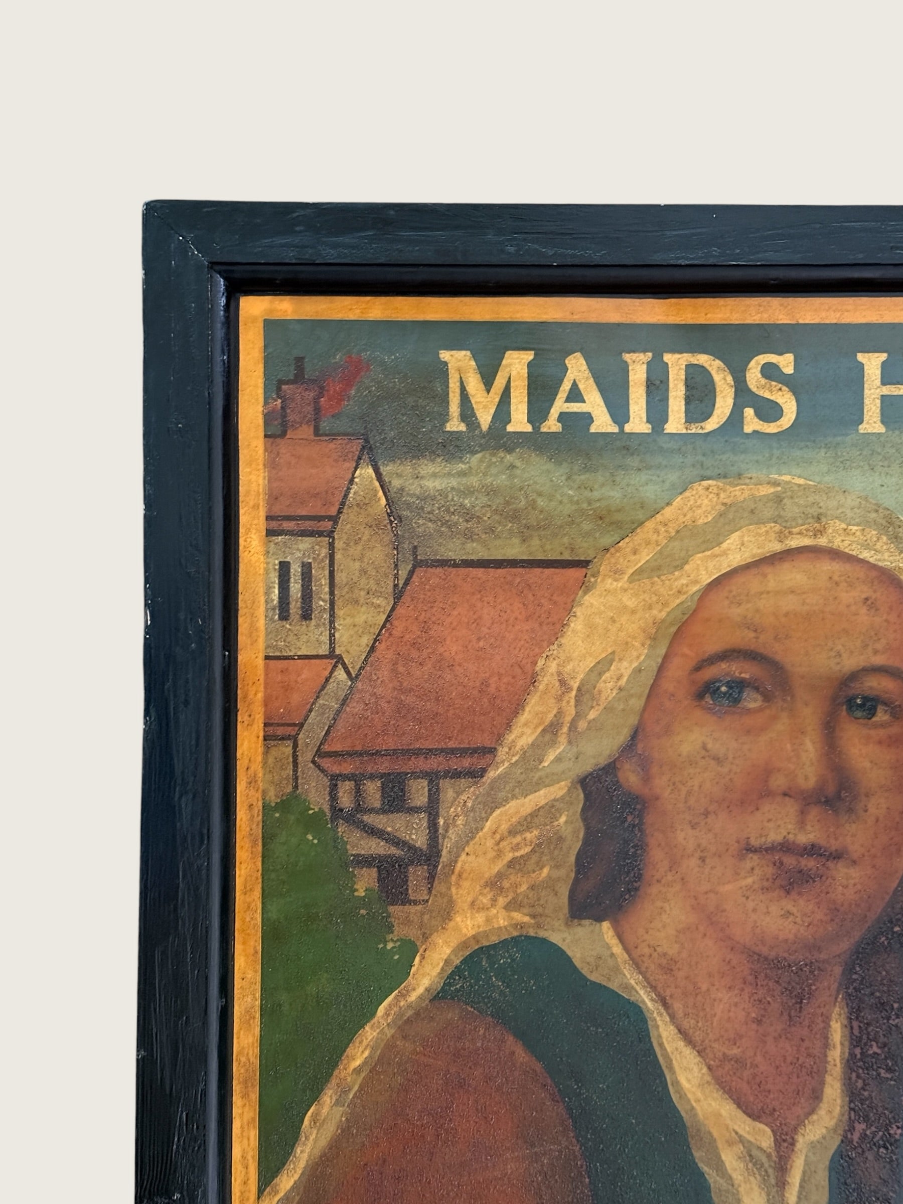 Vintage English MCM Pub Sign "Maids Head" | Mid Century Horse &amp; Cart Tavern Wall Art | Framed British Bar Hand Painted Art