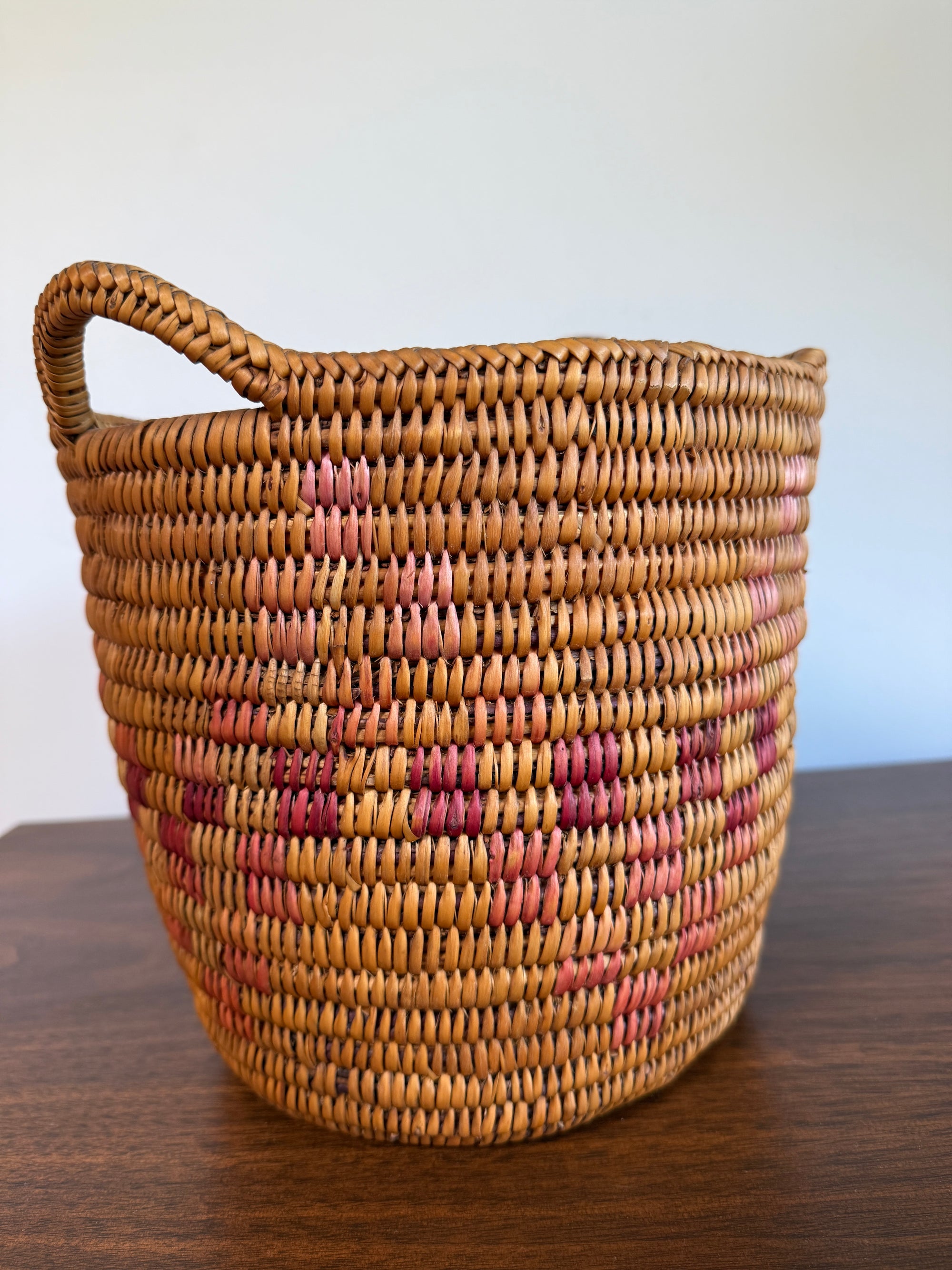 Vintage Jicarilla Apache Coil Handmade Basket With Handles | Native American Pattern Basket