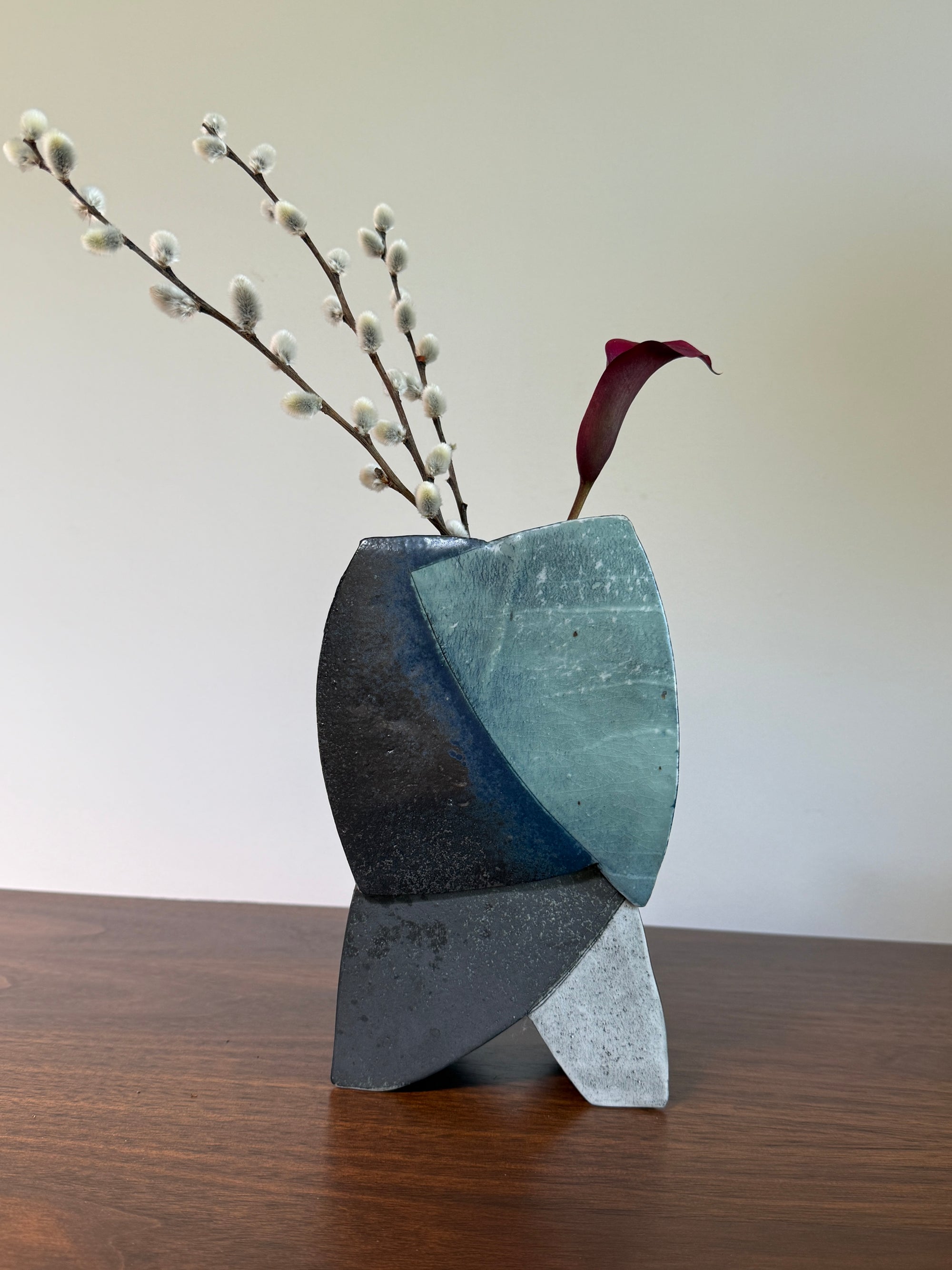 Vintage Studio Pottery Ikebana Vase | Modernist Sculptural Ceramic Vessel | Abstract Ikebana Flower Arrangement Art