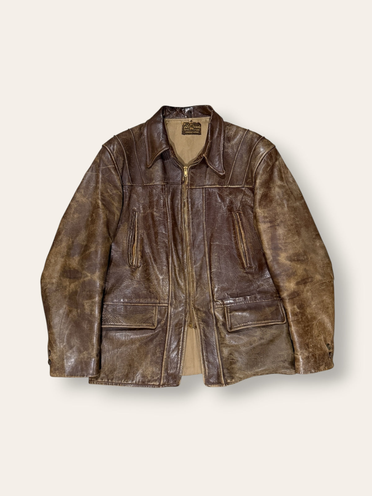 Vintage 1940-50s Windward Horsehide Leather Jacket | Montgomery Ward Brown Belted Back Jacket