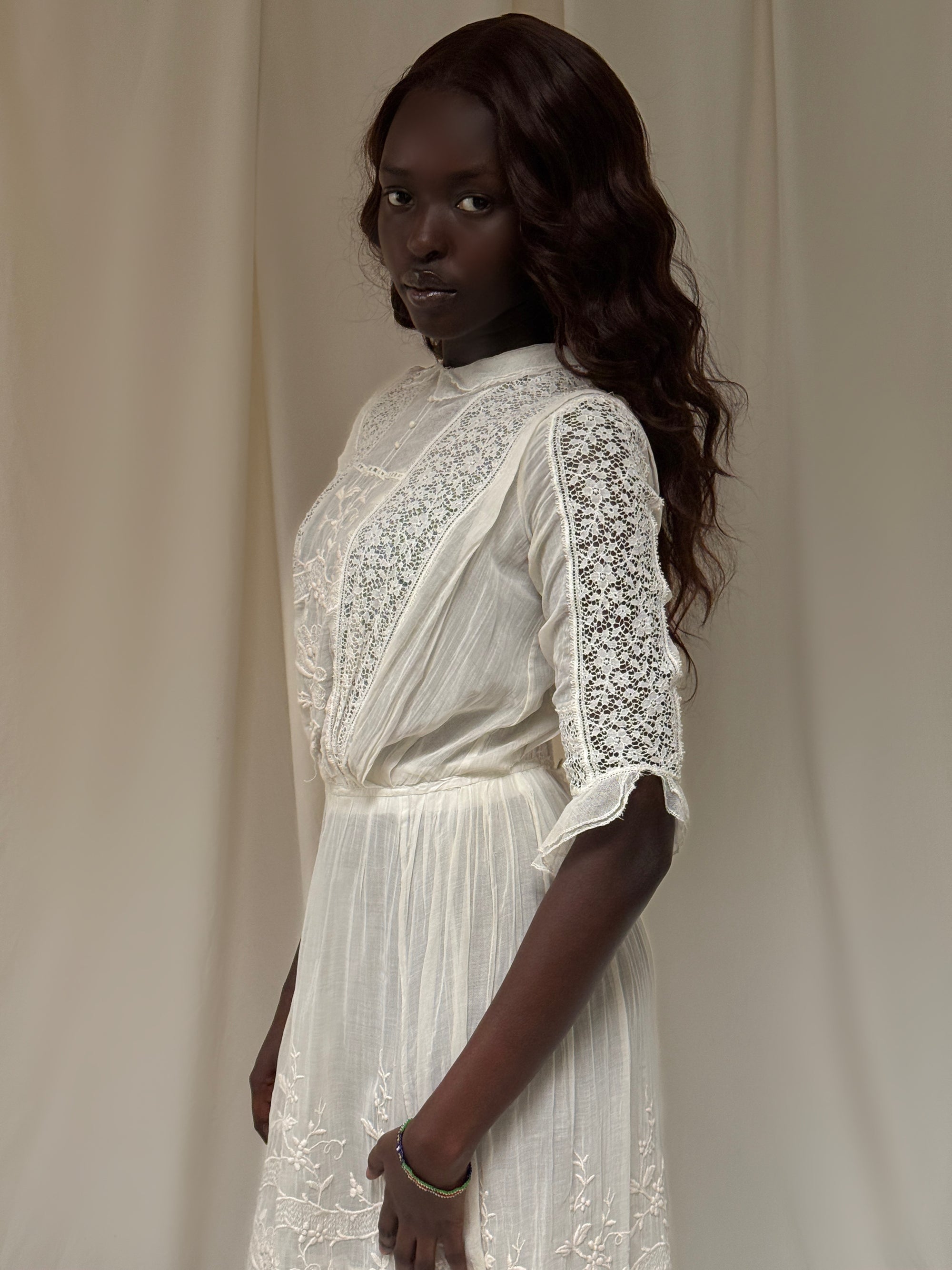 Antique 1900s Edwardian White Lace &amp; Embroidered Cotton Lawn Dress  | Handcrafted Heirloom Bridal Gown