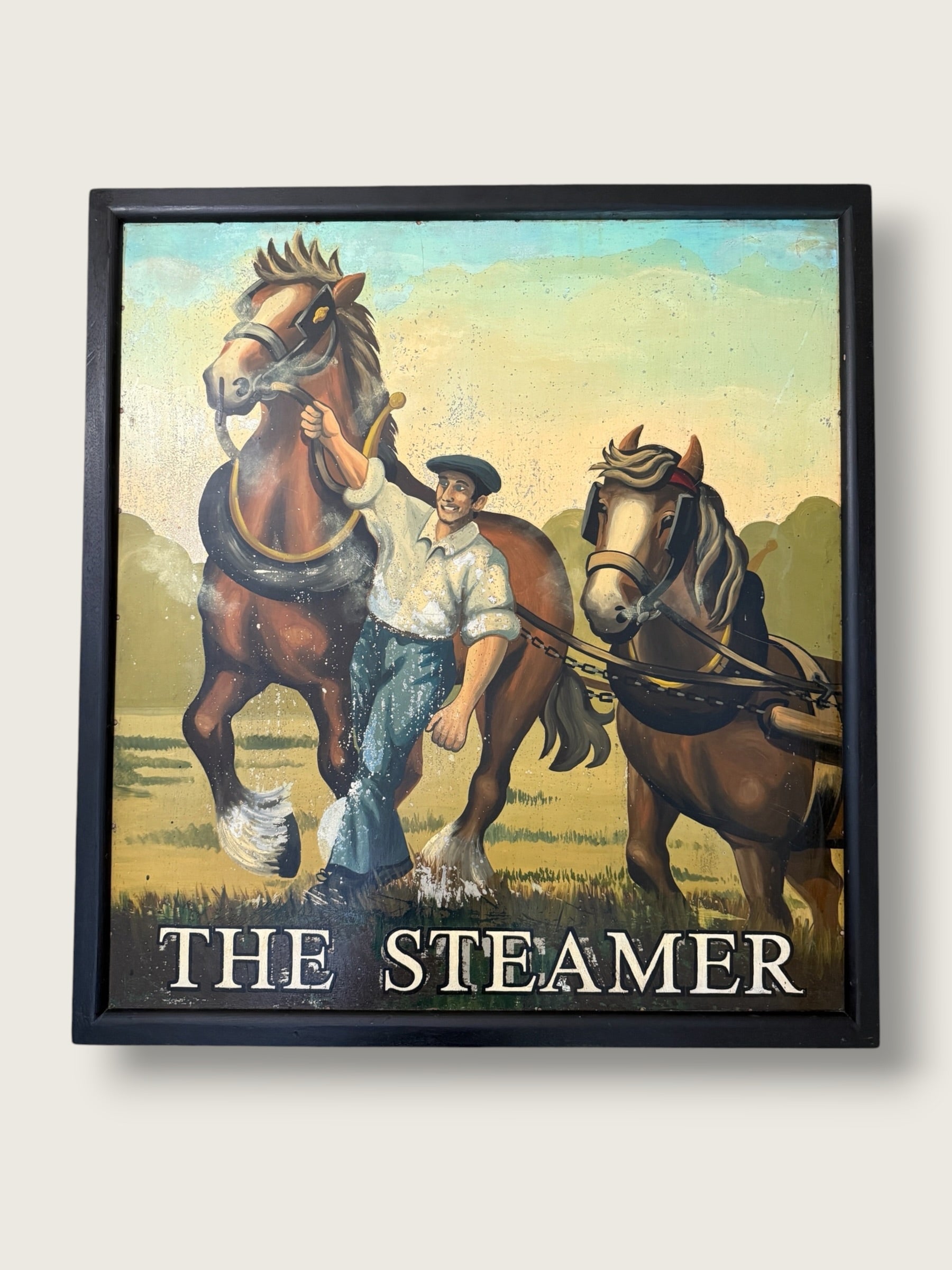 Vintage English MCM Pub Sign "The Steamer" | Mid Century Horse &amp; Cart Tavern Wall Art | Framed British Bar Hand Painted Art