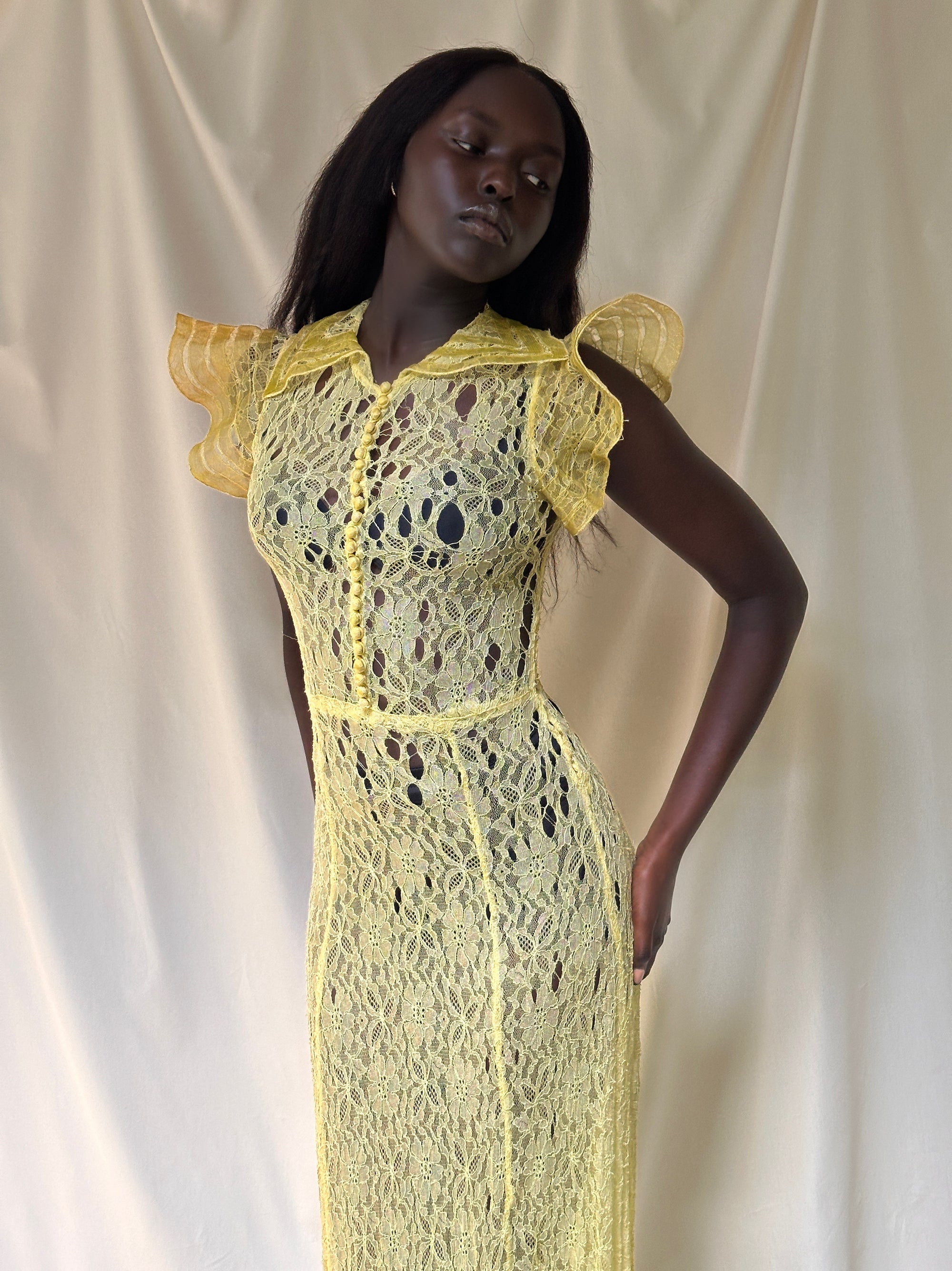Vintage 1930's Thrashed Lace Yellow Dress Afterlife Boutique Vintage 1930's Thrashed Lace Yellow Dress Afterlife Boutique