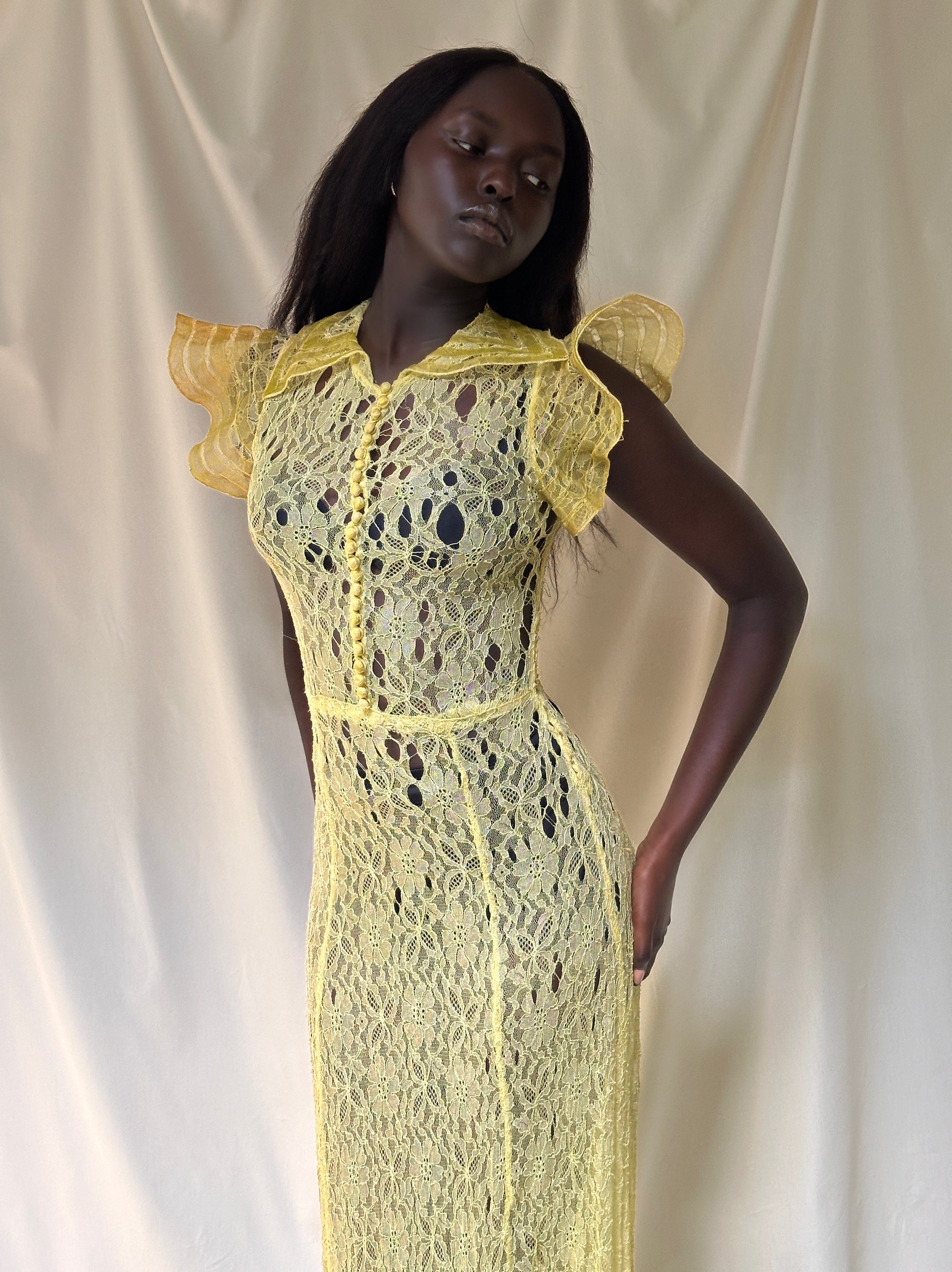 Vintage 1930’s Thrashed Lace Yellow Dress