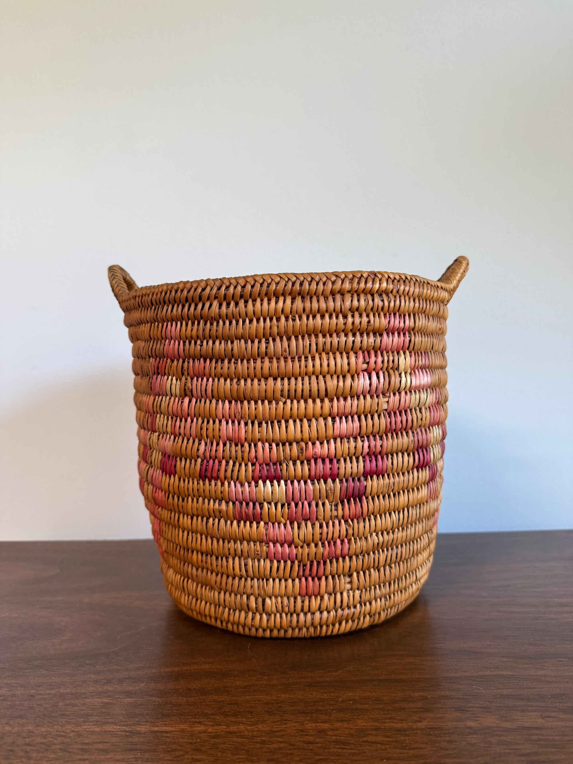 Vintage Jicarilla Apache Coil Handmade Basket With Handles | Native American Pattern Basket