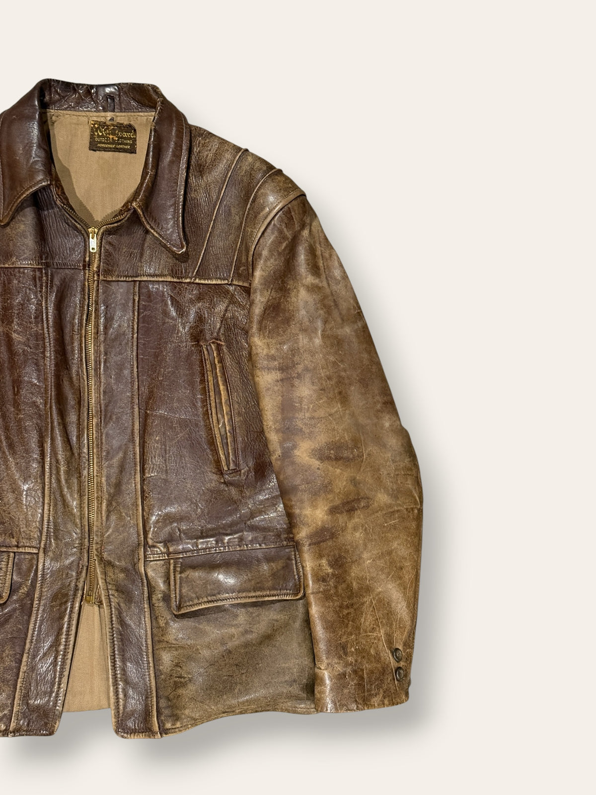 Vintage 1940-50s Windward Horsehide Leather Jacket | Montgomery Ward Brown Belted Back Jacket