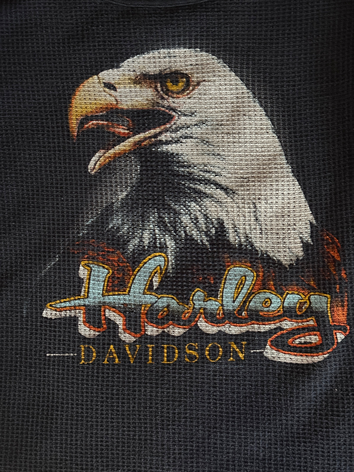 Vintage 1980s Harley Davidson Waffle Knit Thermal Shirt | Original 80s Harley 3D Emblem Eagle Shirt
