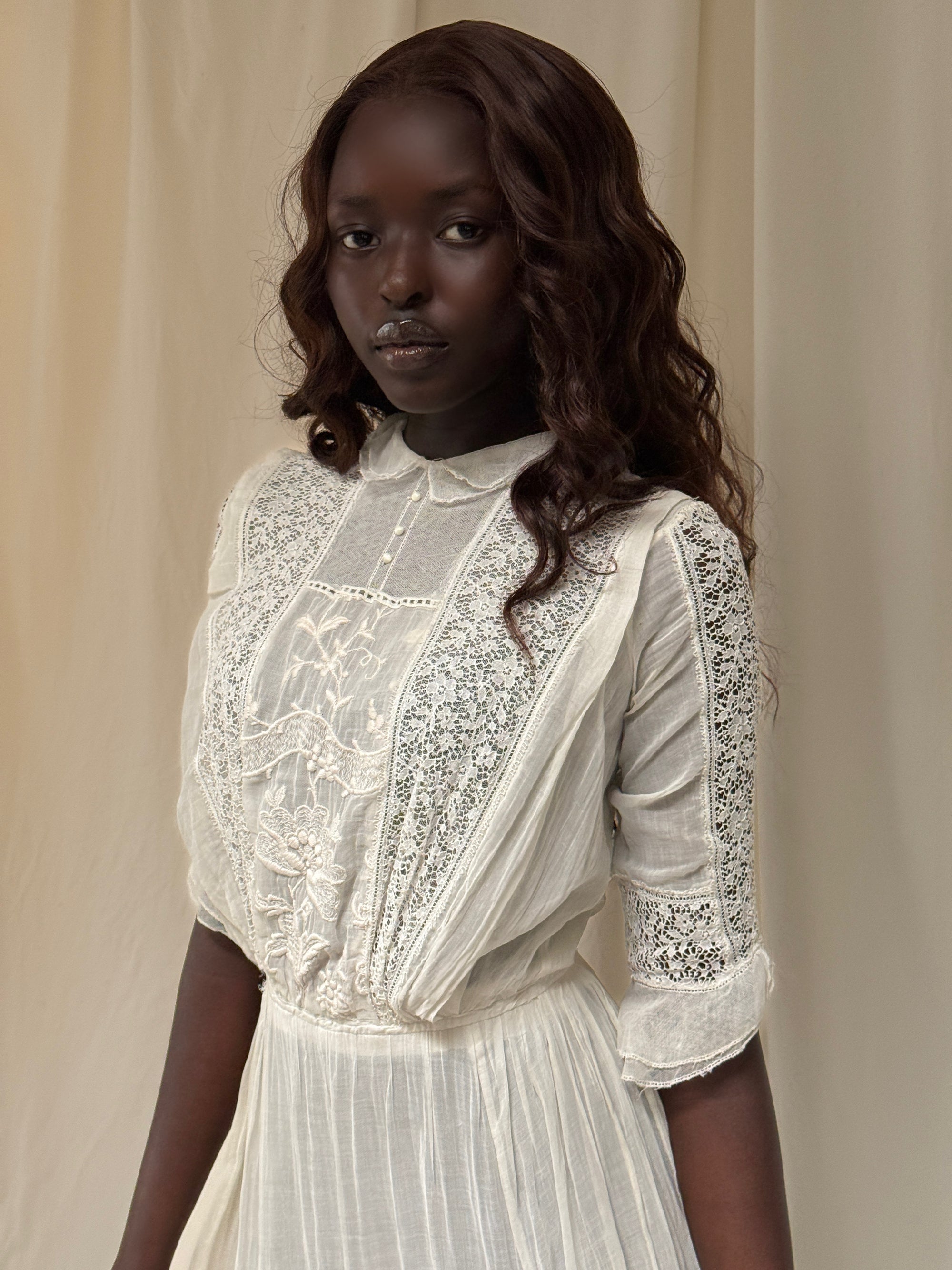 Antique 1900s Edwardian White Lace &amp; Embroidered Cotton Lawn Dress  | Handcrafted Heirloom Bridal Gown