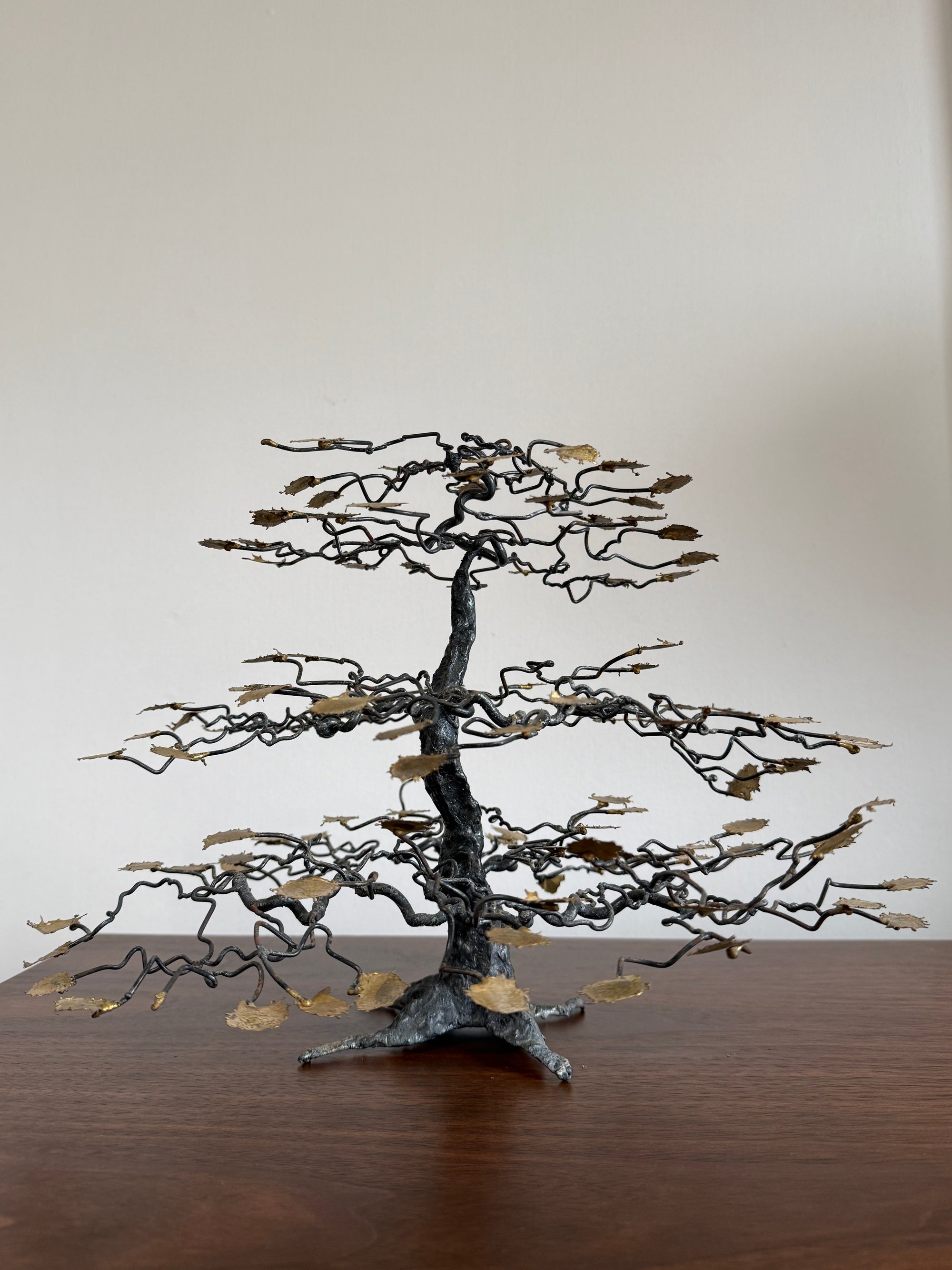 Vintage Brutalist Metal Bonsai Tree Sculpture | Handcrafted Wire Art with Gilt Leaves | Mid Century Modern Decor
