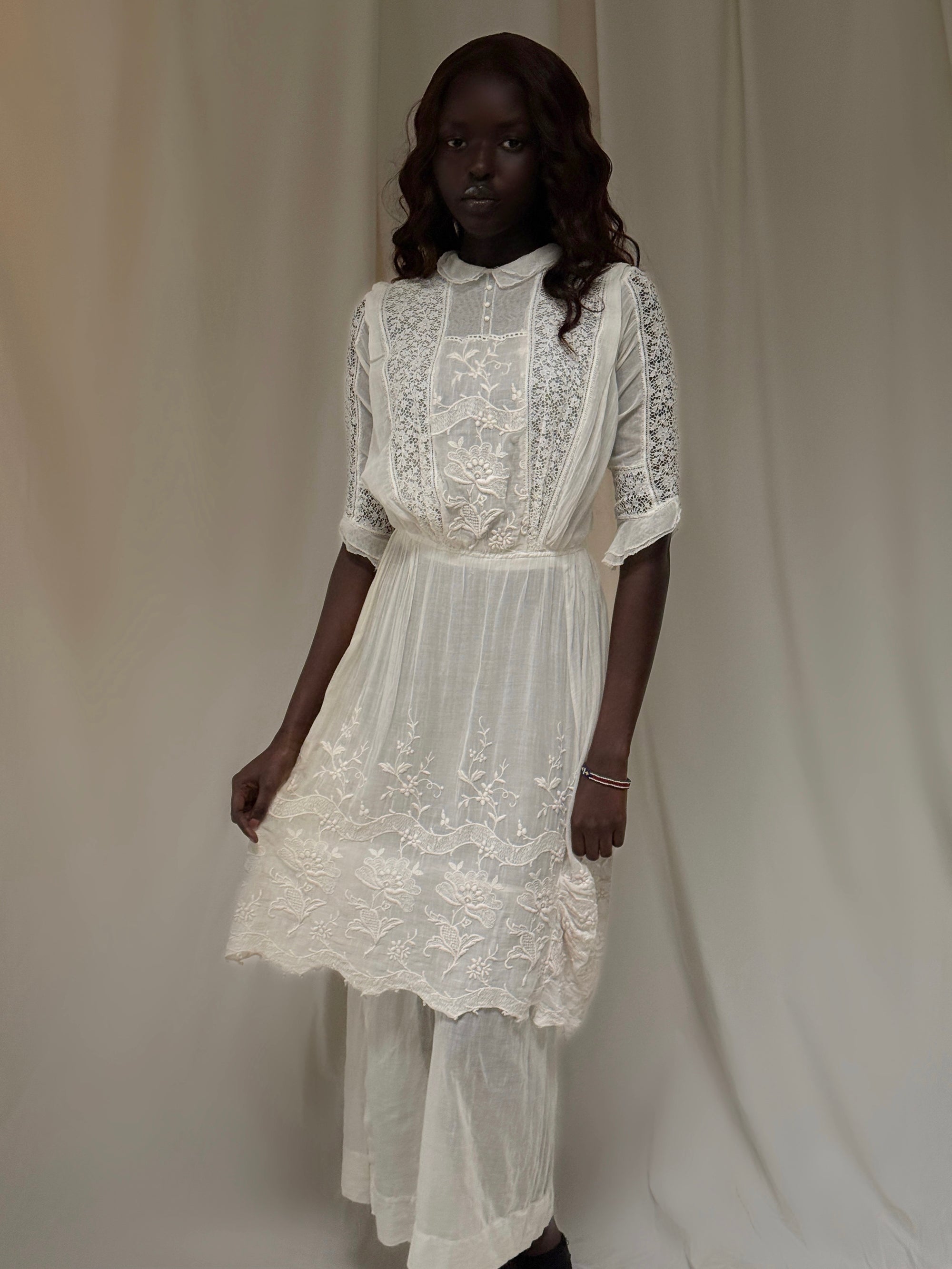Antique 1900s Edwardian White Lace &amp; Embroidered Cotton Lawn Dress  | Handcrafted Heirloom Bridal Gown
