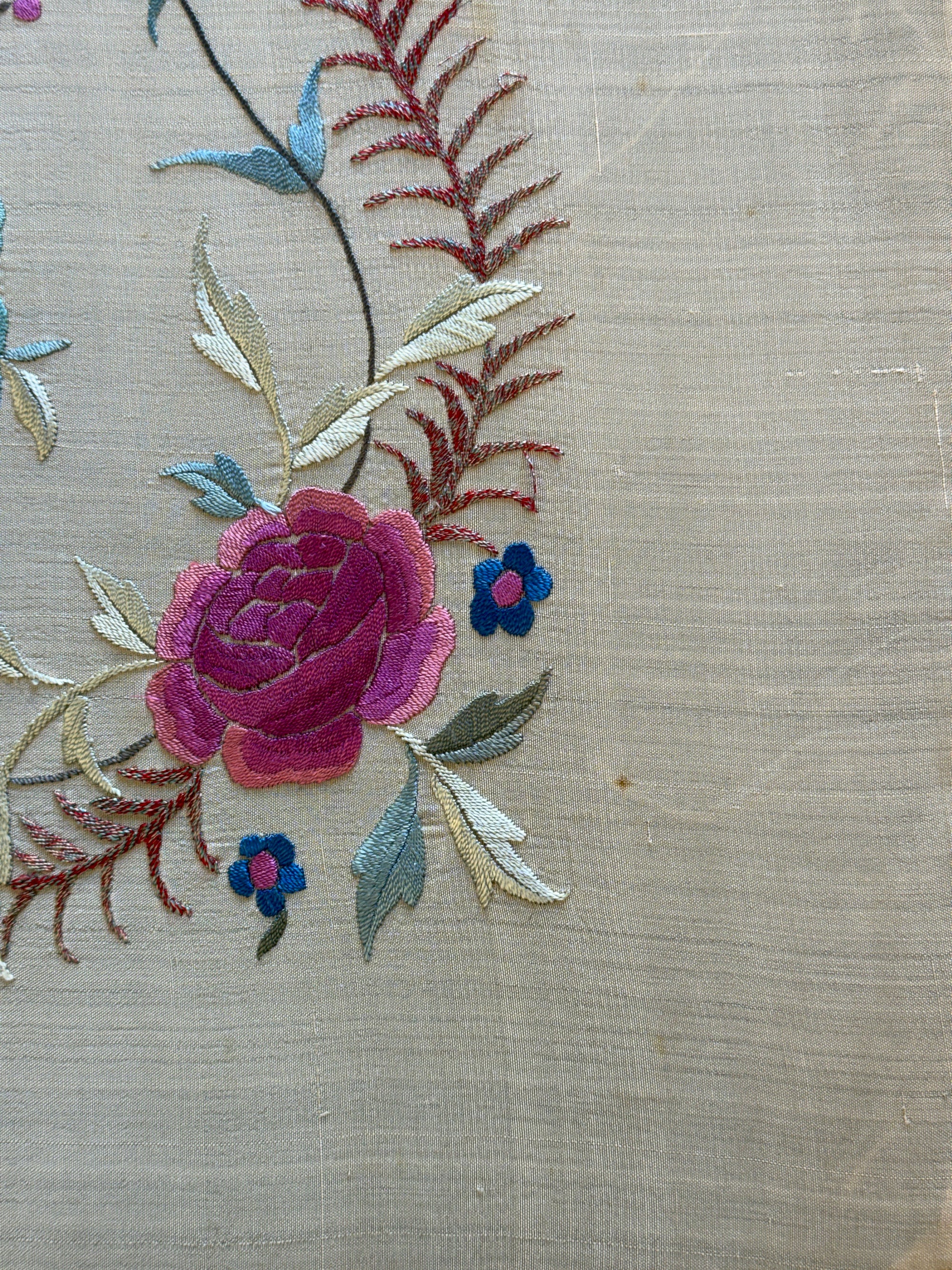 Vintage 1930s Manton de Manila Embroidered Silk Piano Shawl | Floral Bird Butterfly Motif With Long Fringe