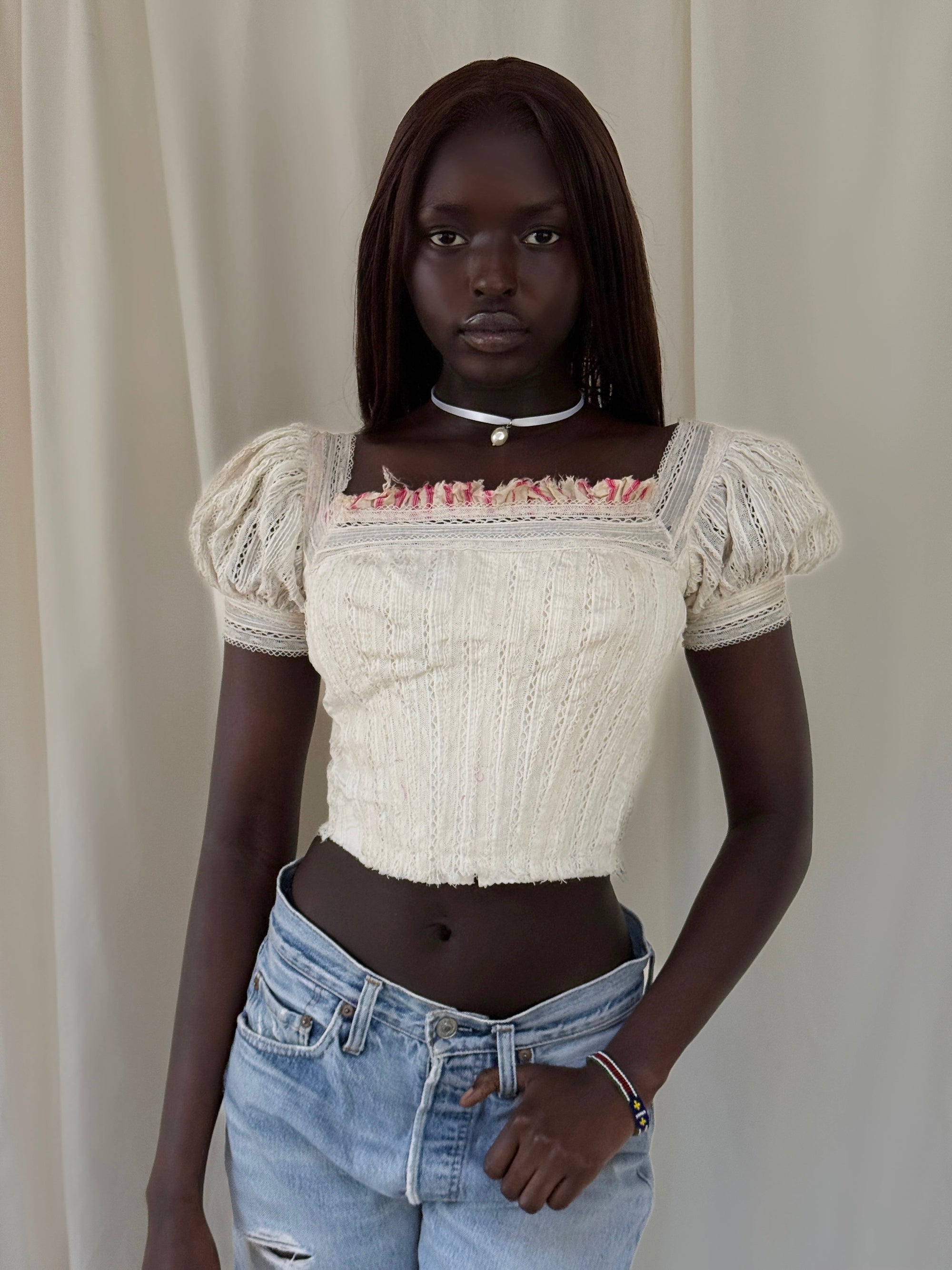 Antique 1800s Corset Cover Blouse | Victorian Lace Puff Sleeve Top