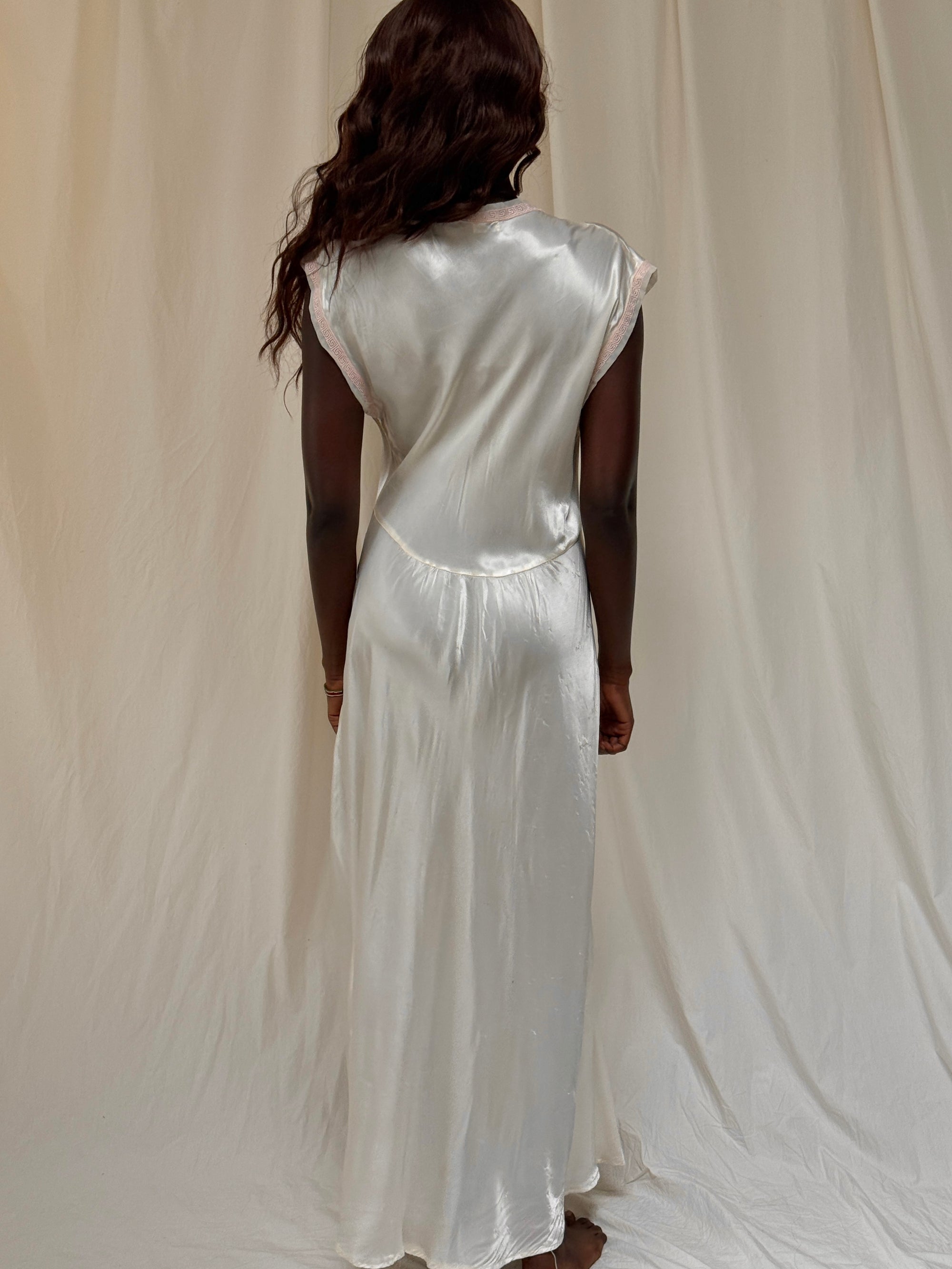 Vintage 1940s Greek Key Pattern Rayon Bias Cut Slip Dress | Antique Ivory Nightgown Negligée