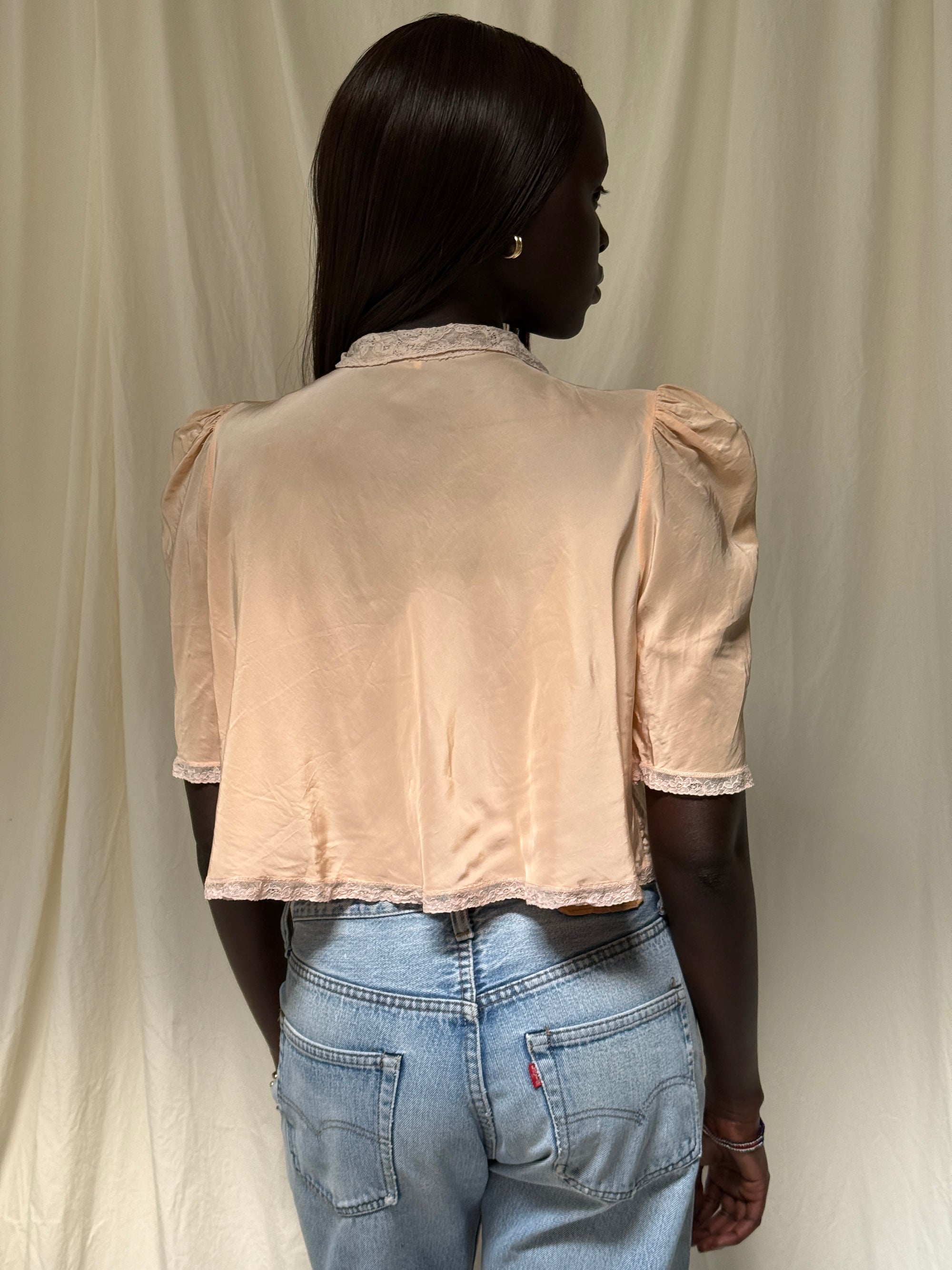 Vintage 1930s Silk &amp; Lace Puff Sleeve Bed Jacket | Romantic Silk Lingerie Top