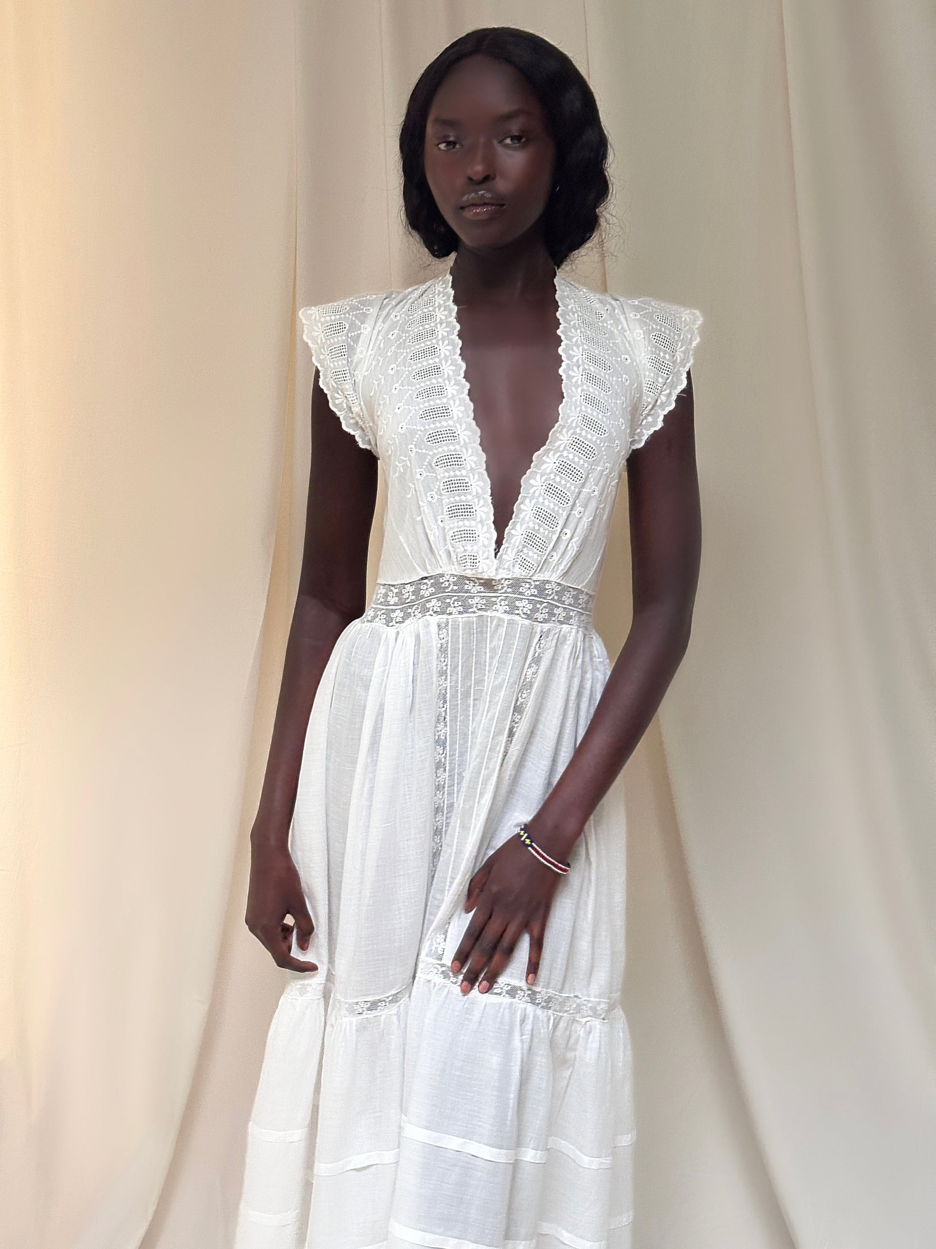 Vintage Edwardian Era Deep V Gauze Cotton Eyelet Dress with Lace Detai –  Afterlife Boutique