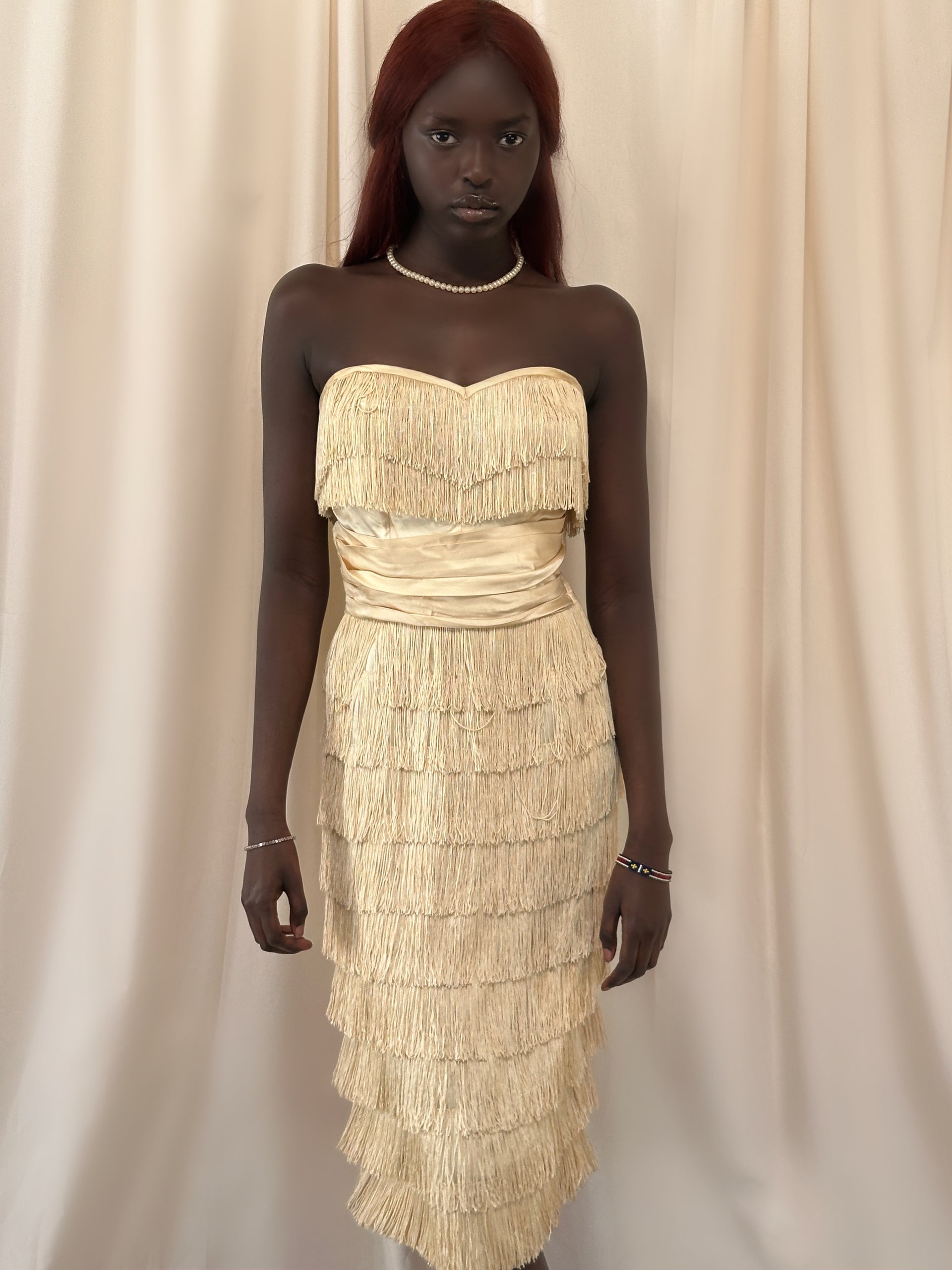 Vintage 1950s Silk Ecru Strapless Fringe Dress