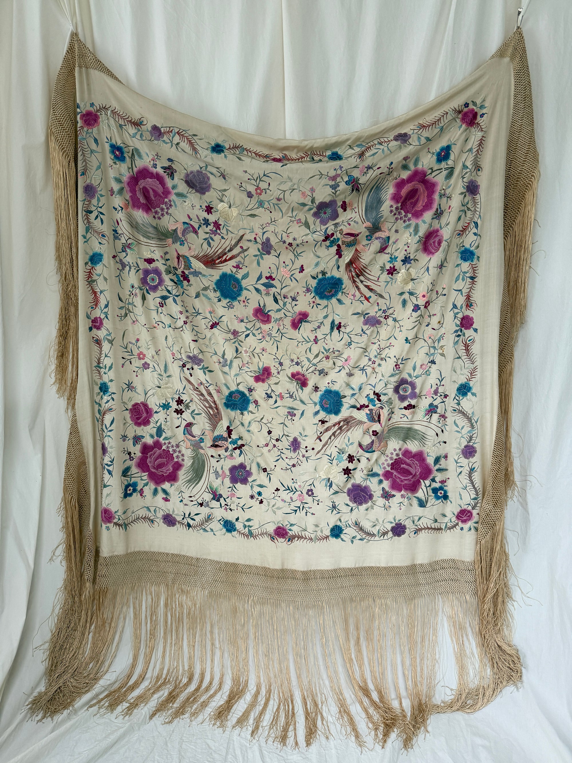 Vintage 1930s Manton de Manila Embroidered Silk Piano Shawl | Floral Bird Butterfly Motif With Long Fringe