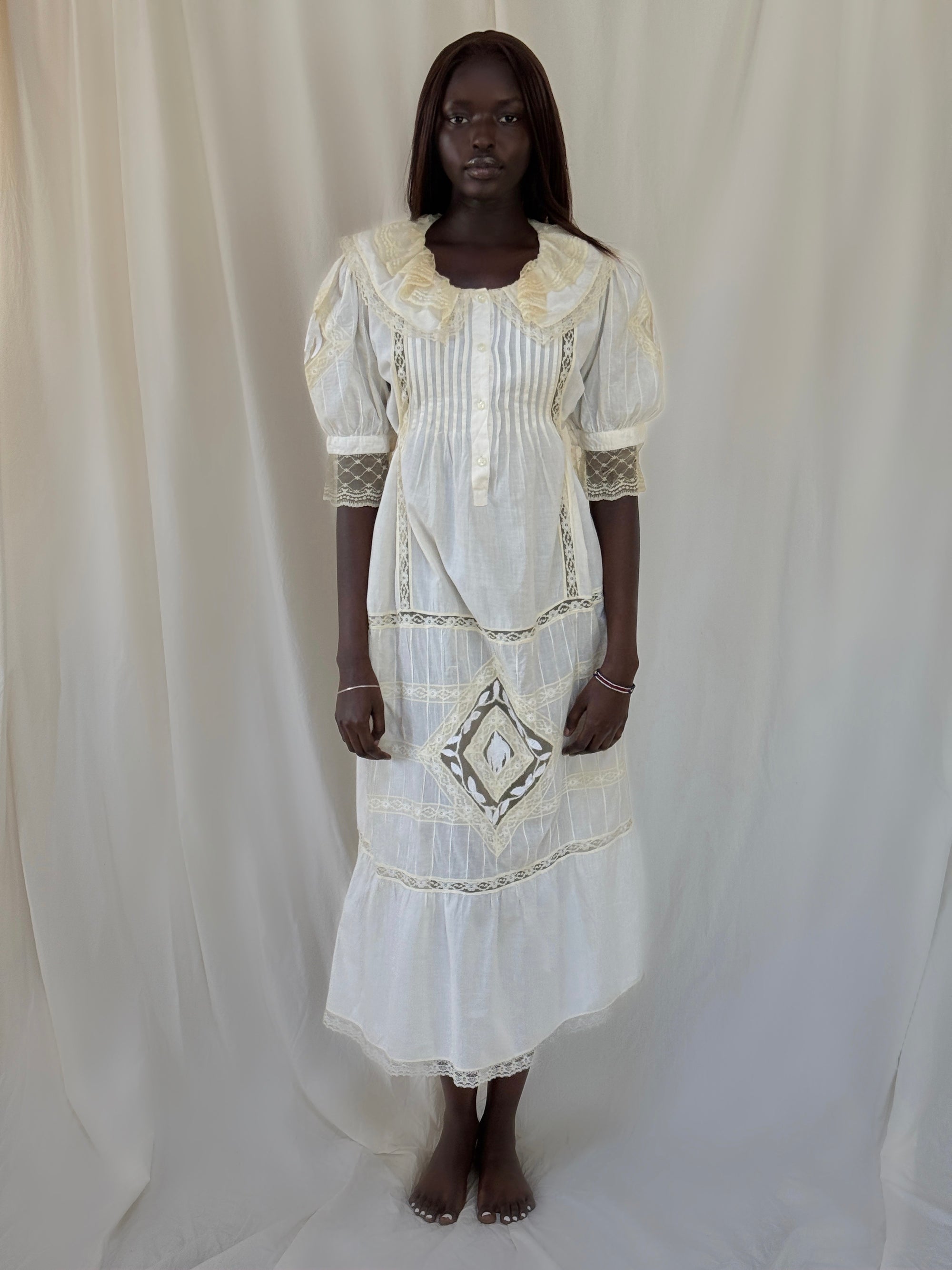 Antique 1900s Nightgown | Edwardian Lace Cotton Dress