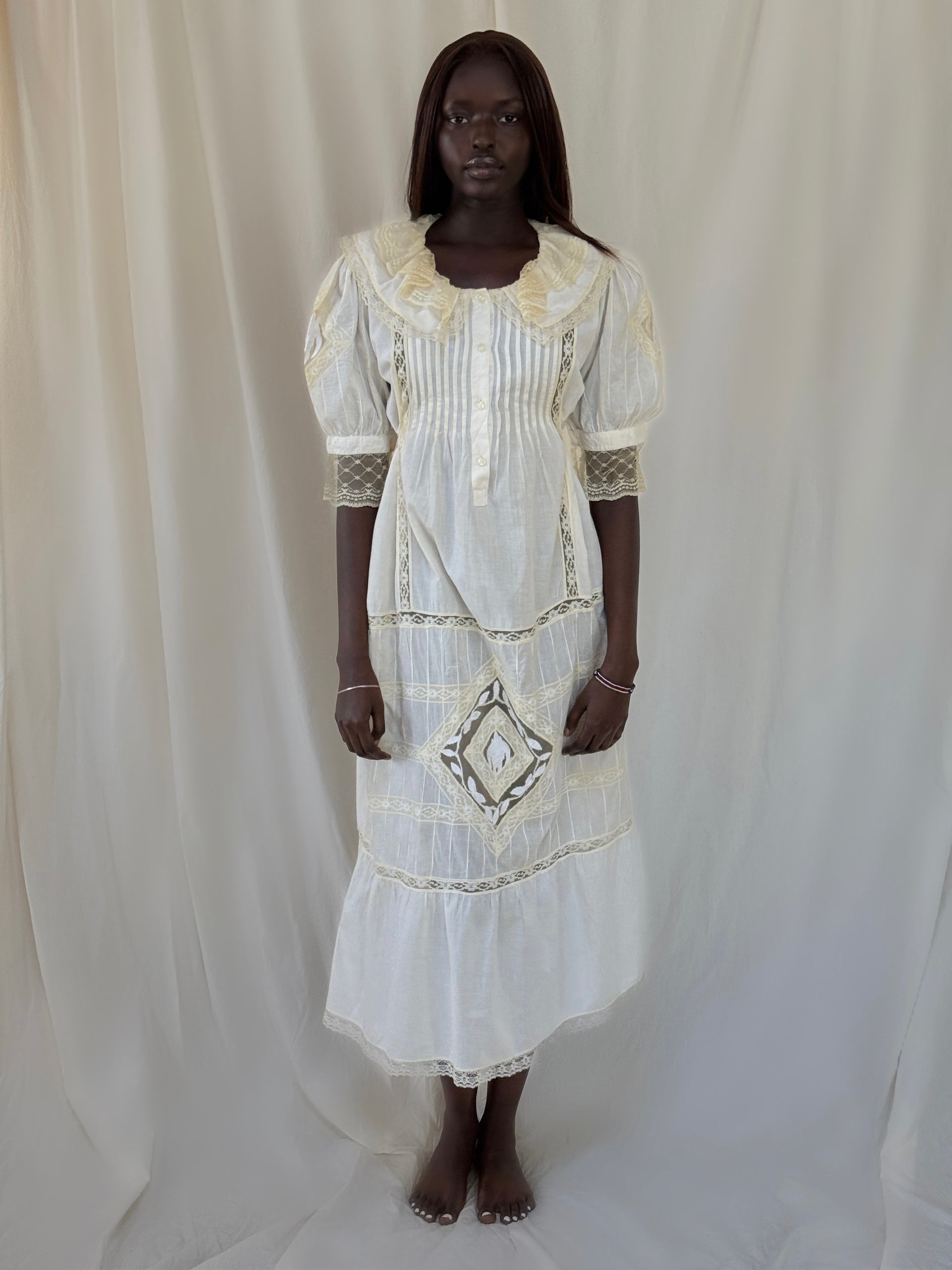 Antique 1900s Nightgown | Edwardian Lace Cotton Dress