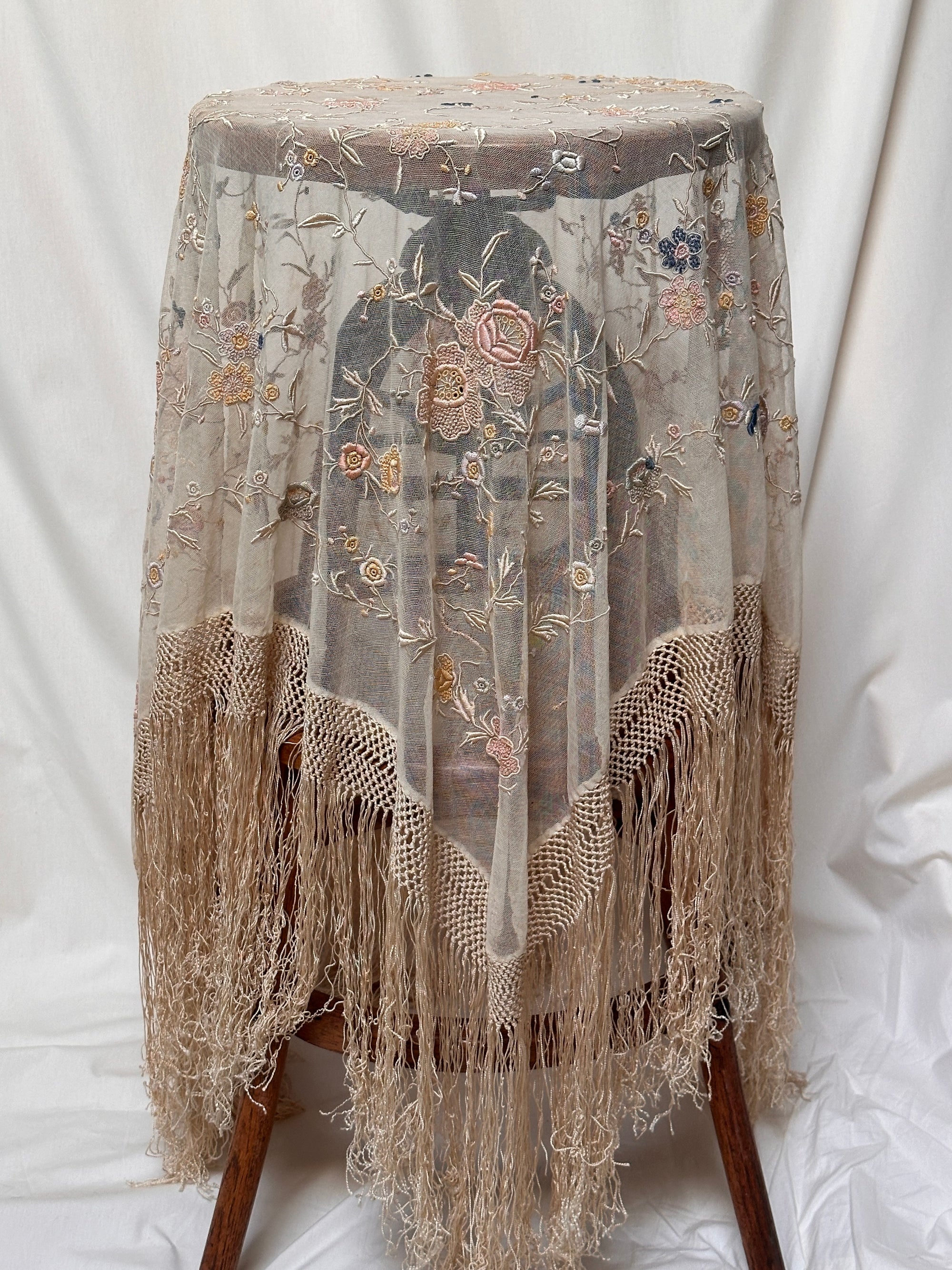 Vintage 1920’s Mesh Silk Embroidered Piano Shawl