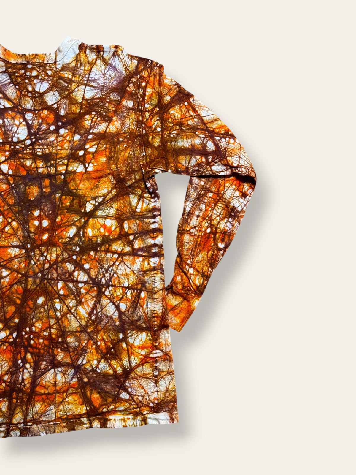 Vintage 1960s Hand-Dyed Folk Web Veining Tie-Dye Long Sleeve Shirt in Rust | Hanes Loopwheel 100% Cotton Shirt