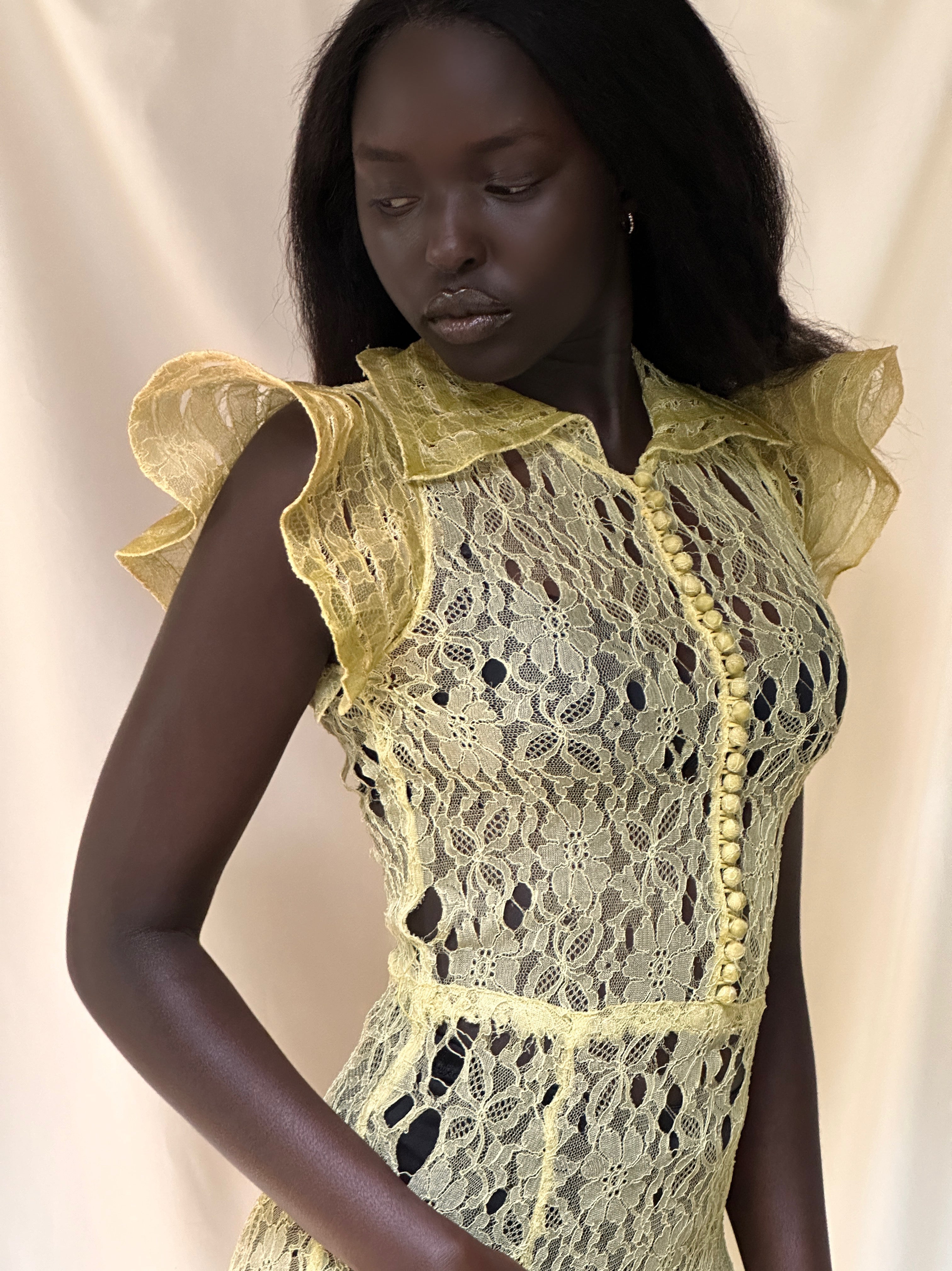 Vintage 1930 s Thrashed Lace Yellow Dress Afterlife Boutique