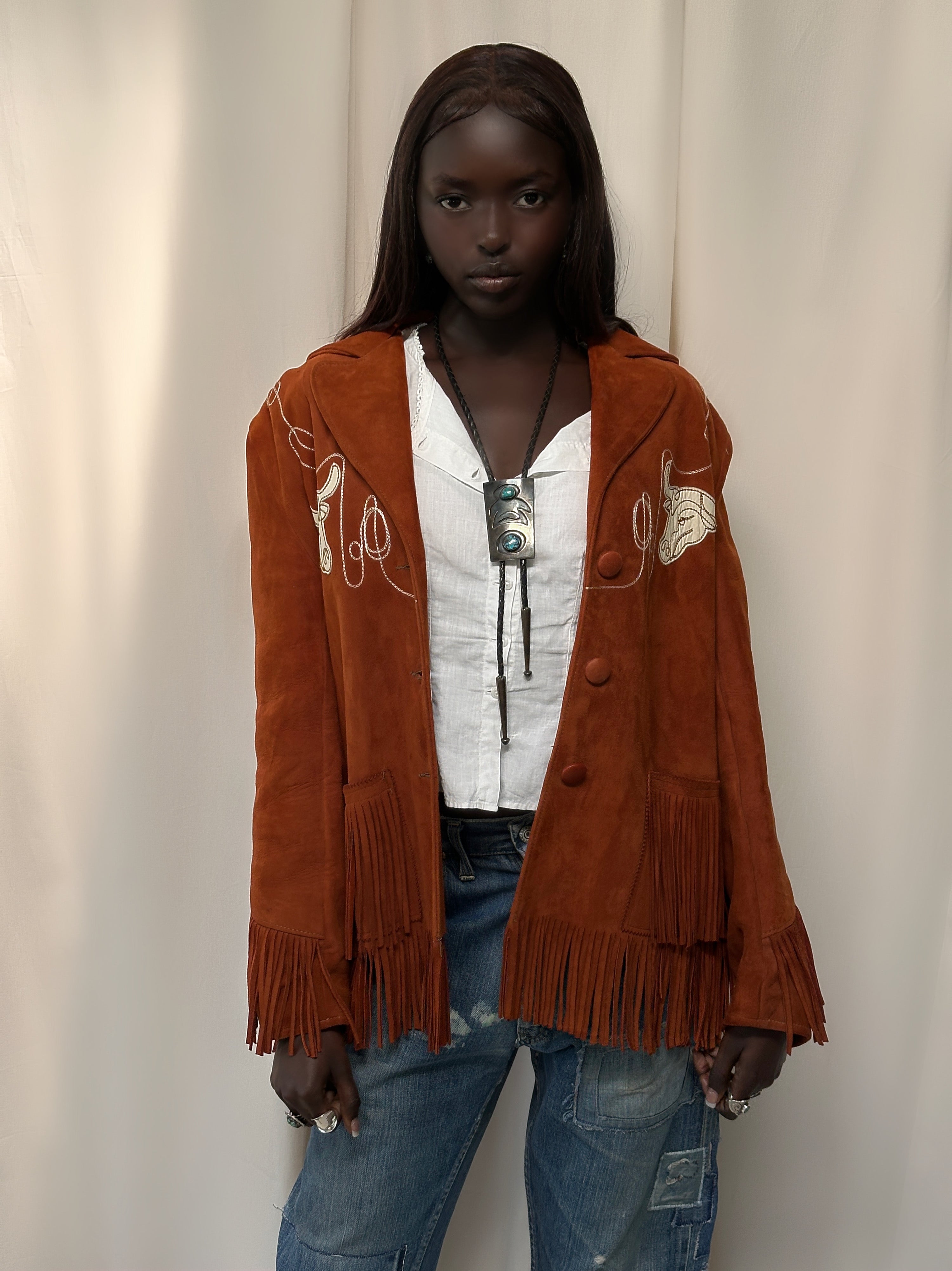 Vintage 1940's Bull Chain Stitch Suede Fringe Western Jacket