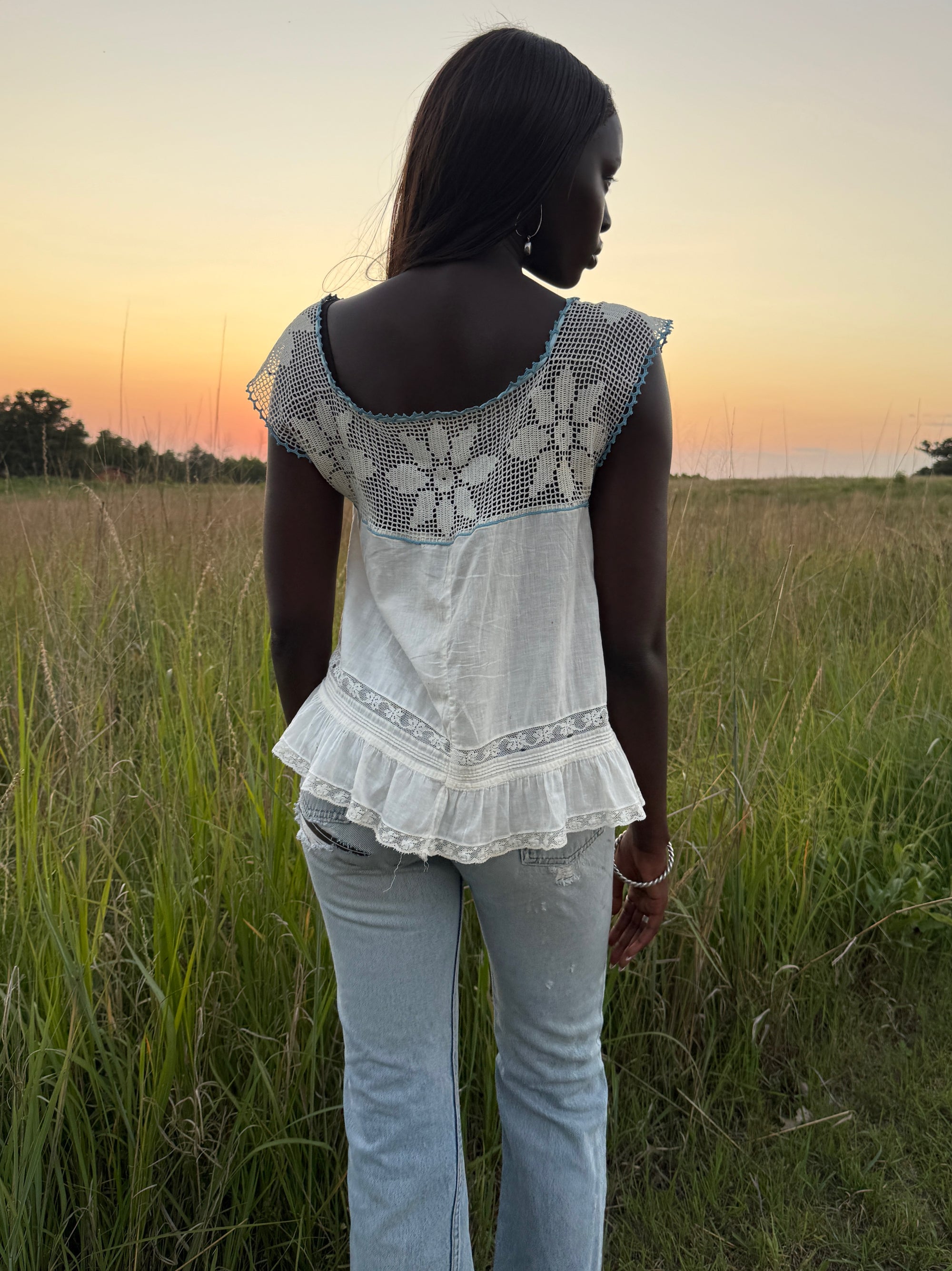 Vintage Edwardian Crochet Lace Blouse | White Cotton Ruffle Top with Blue Ribbon | Antique Romantic Cottagecore Boho