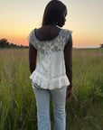 Vintage Edwardian Crochet Lace Blouse | White Cotton Ruffle Top with Blue Ribbon | Antique Romantic Cottagecore Boho