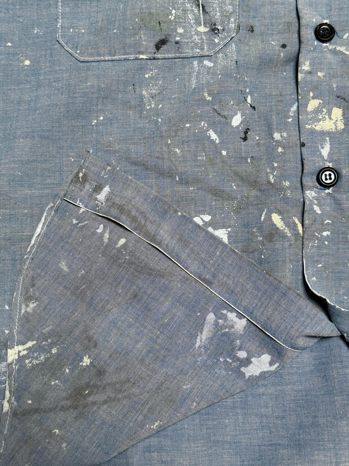 Vintage 1960’s Vintage Chambray Painter Work Shirt | Sears Perma-Prest | Paint Splatter Shirt | Distressed Workwear