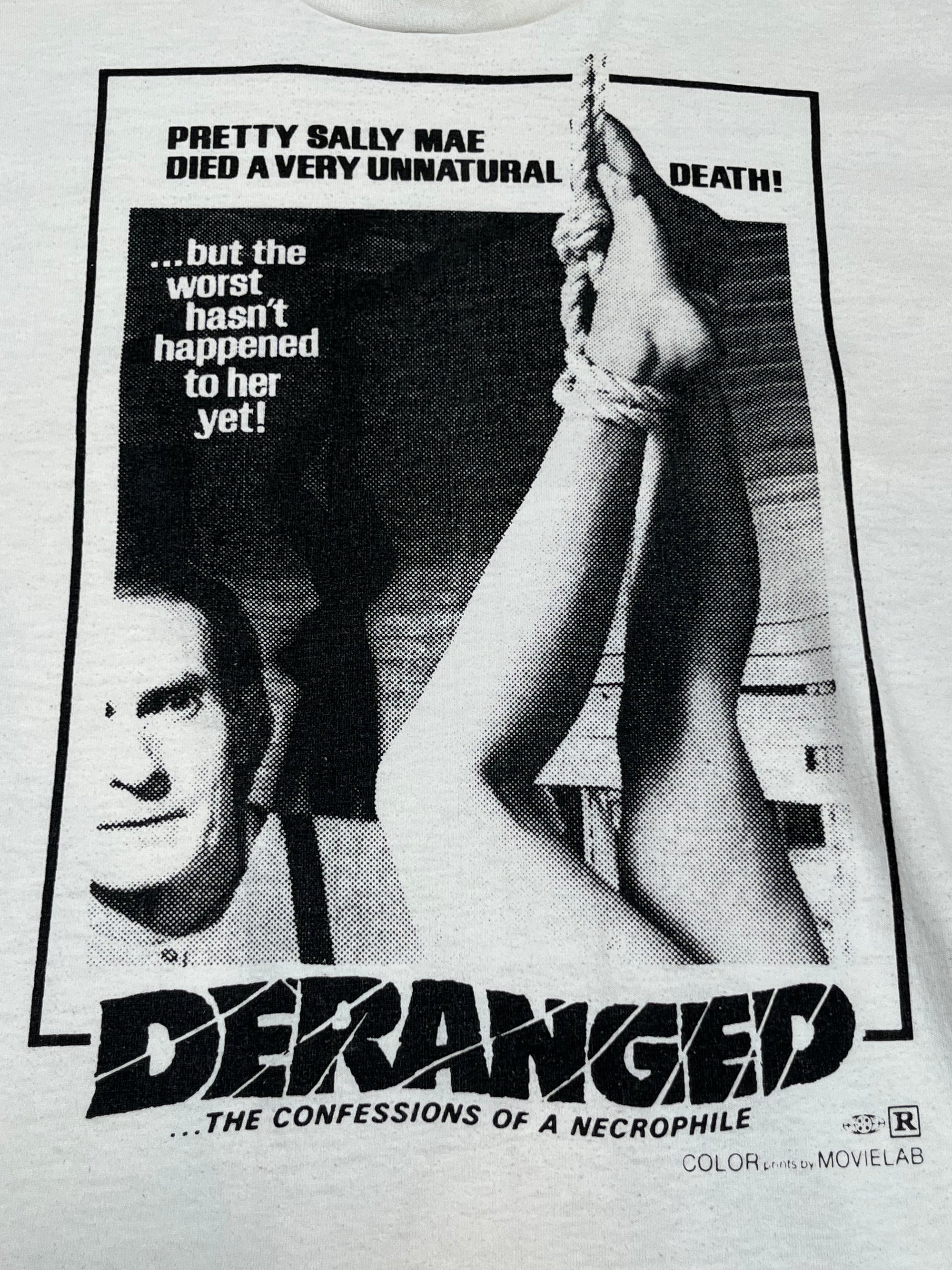 Vintage 1980s Deranged: The Confessions of a Necrophile | 1974 Grindhouse Horror Movie Promo T-Shirt.