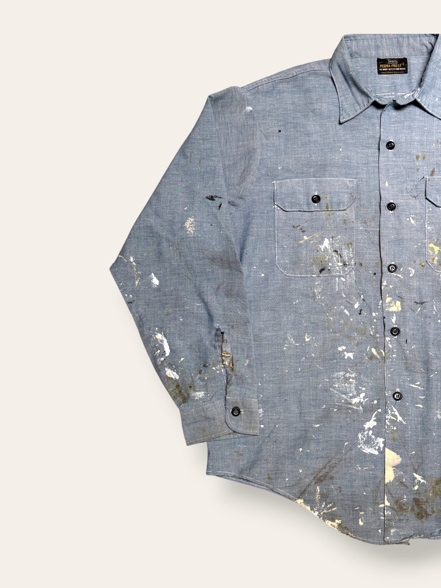 Vintage 1960’s Vintage Chambray Painter Work Shirt | Sears Perma-Prest | Paint Splatter Shirt | Distressed Workwear