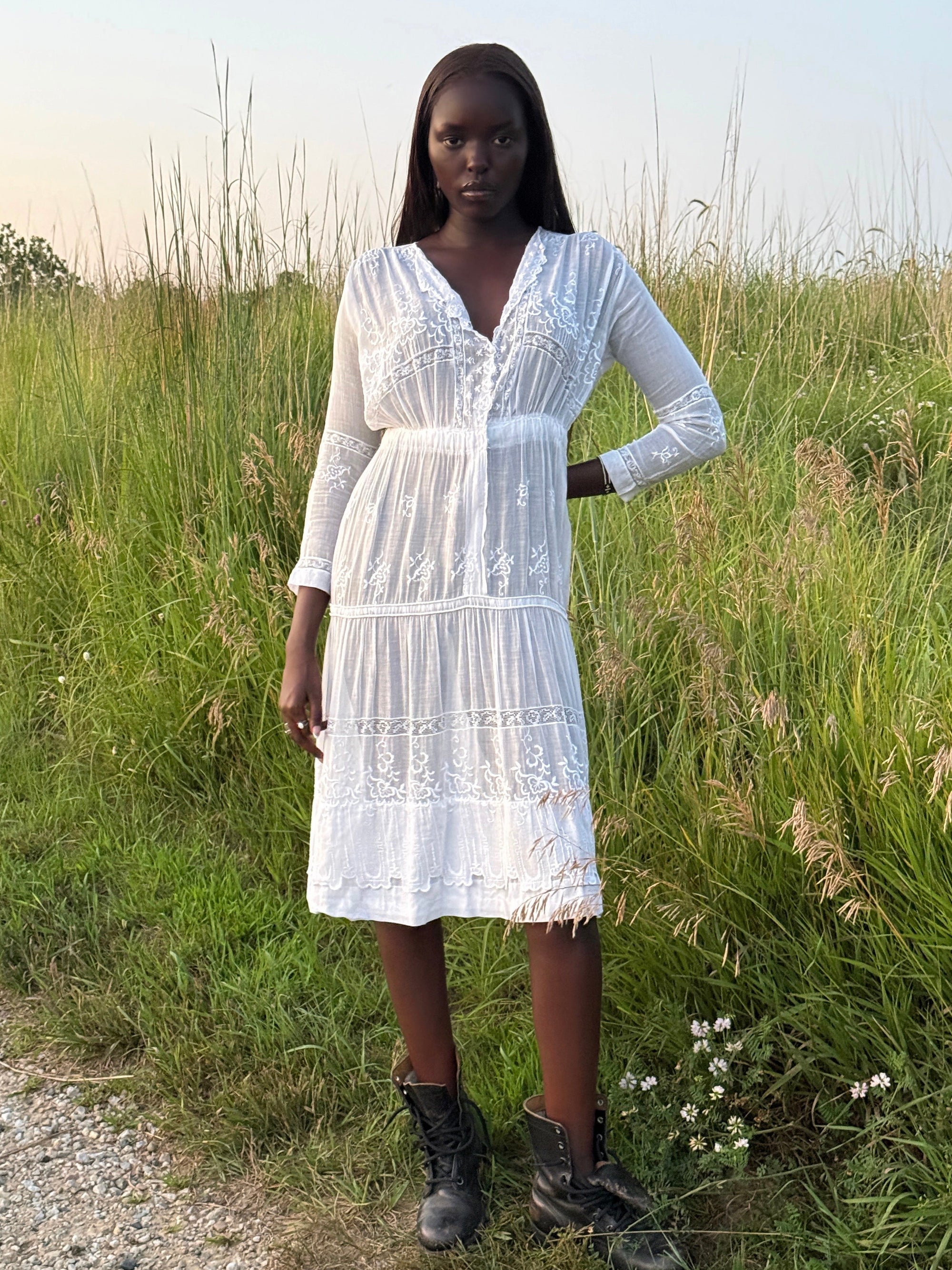 Vintage 1900s Antique Edwardian White Embroidered Cotton Lawn Dress | Hand Embroidered Lace Heirloom Tea Dress