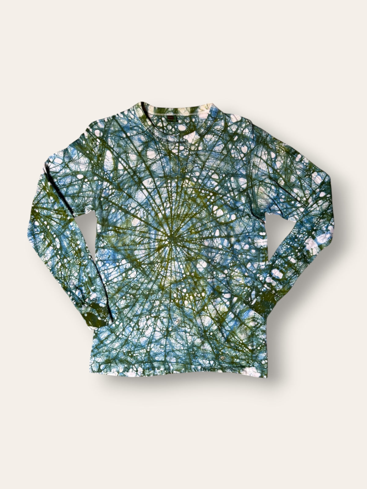 Vintage 1960s Hand-Dyed Folk Web Veining Tie-Dye Long Sleeve Shirt in Moss | Hanes Loopwheel 100% Cotton Shirt