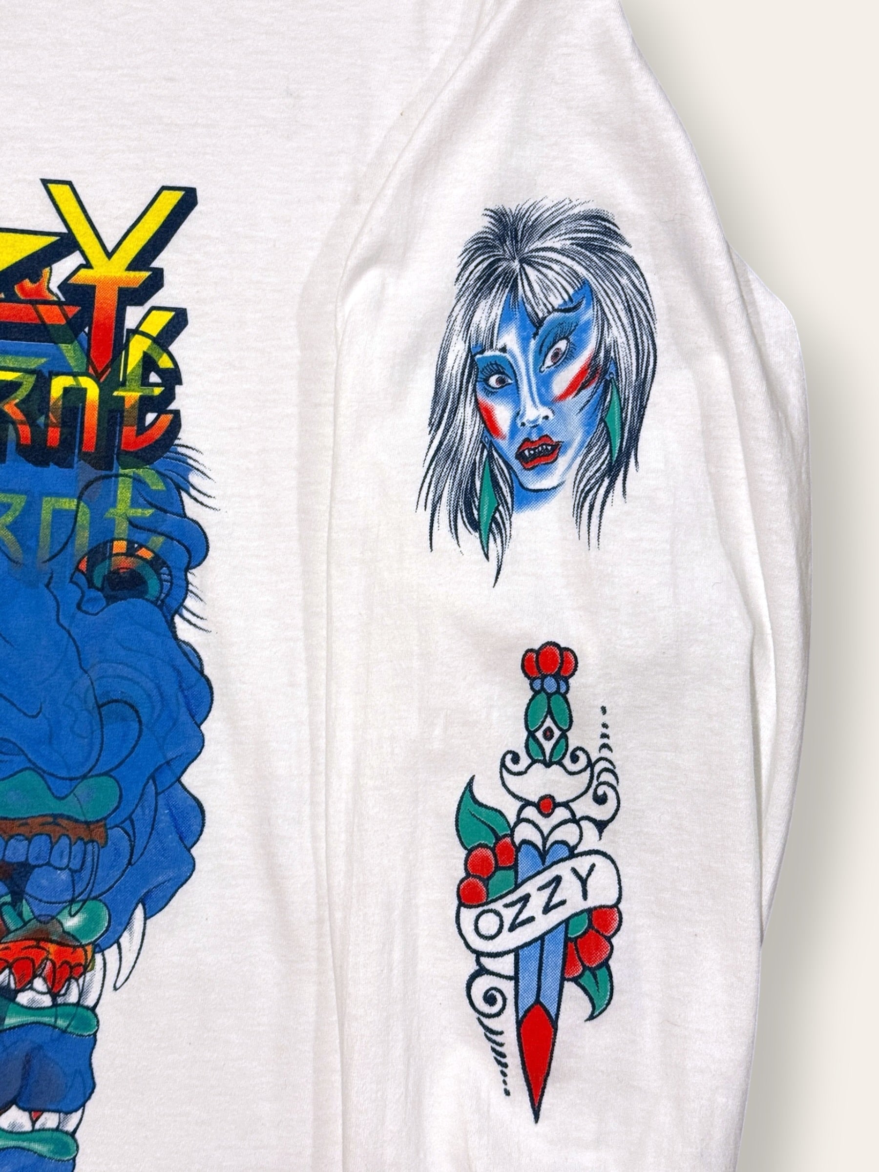 Vintage 1990s Ozzy Osbourne Long Sleeve Tattoo Test Print T-Shirt | Rare Rock Tee