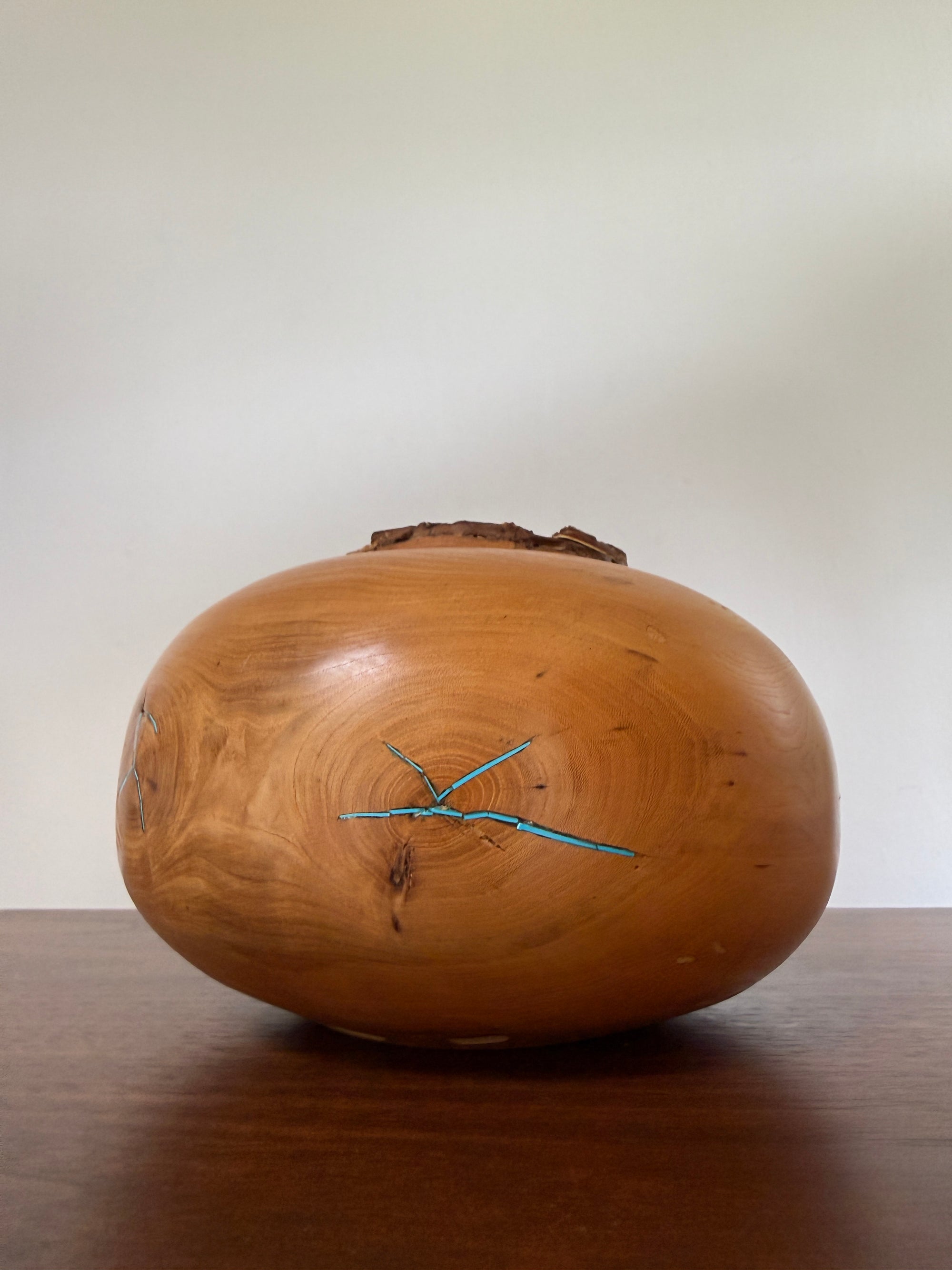 Vintage Signed Hand Turned Elm Fork Turquoise Inlay Burl Wood Bowl | Live Edge Natural Art Turned Vessel