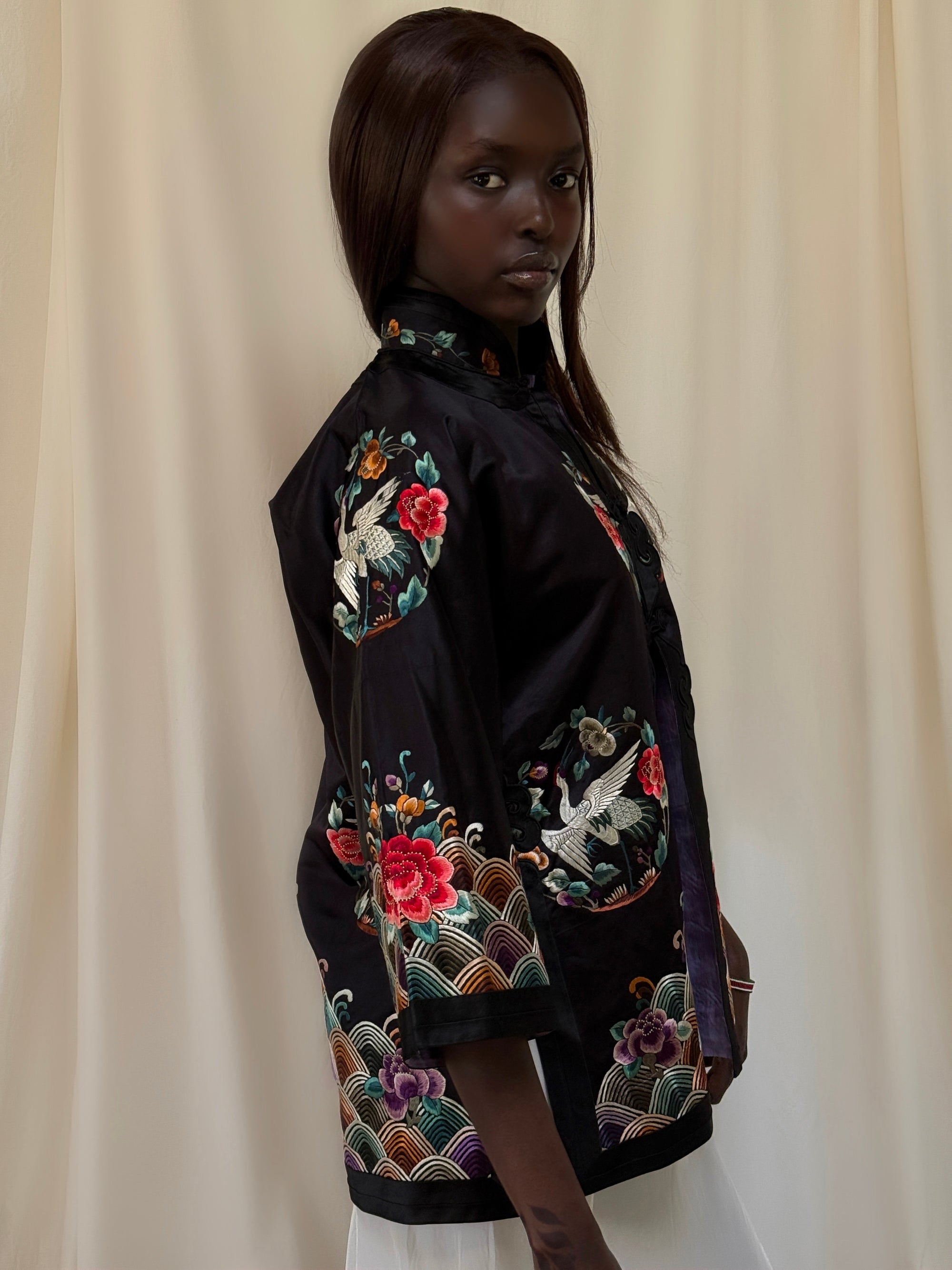 Vintage 1920’s Chinese Silk Jacket | Antique Hand Embroidery Crane Floral Motif Silk