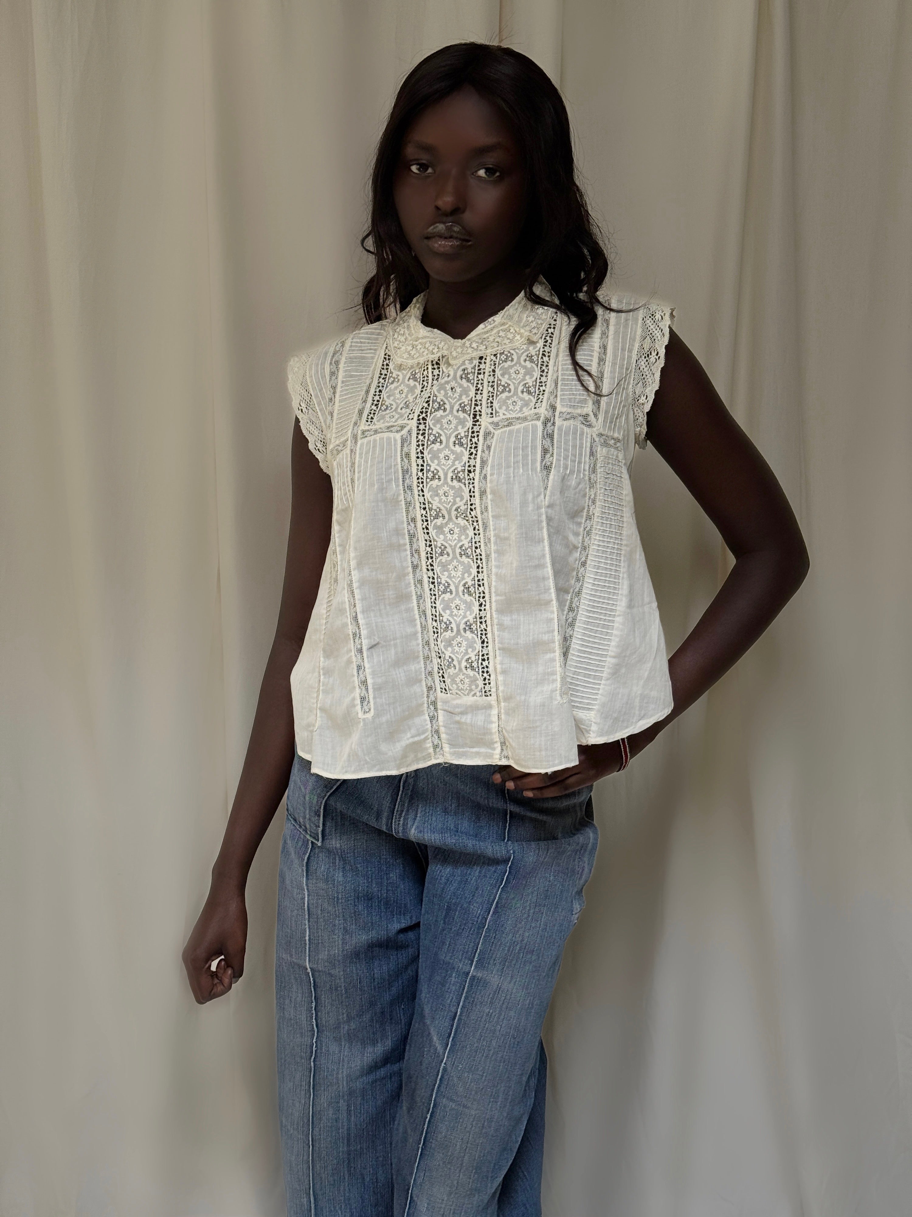 Vintage Edwardian Pleats & Lace Blouse | Antique White Cotton